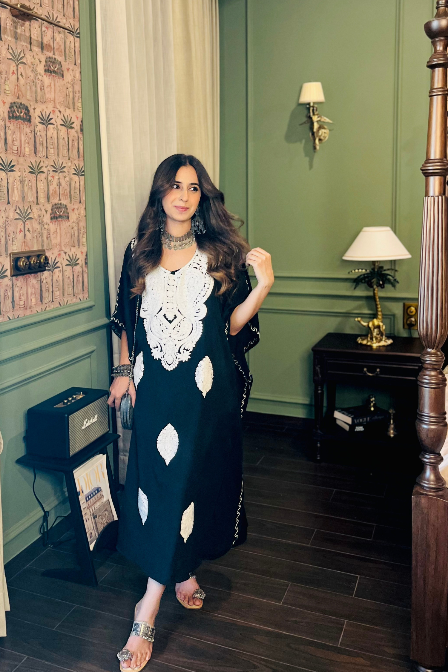 Sania chaddha In Our Sable Black Kashmiri Embroidered Long Cotton Kaftan
