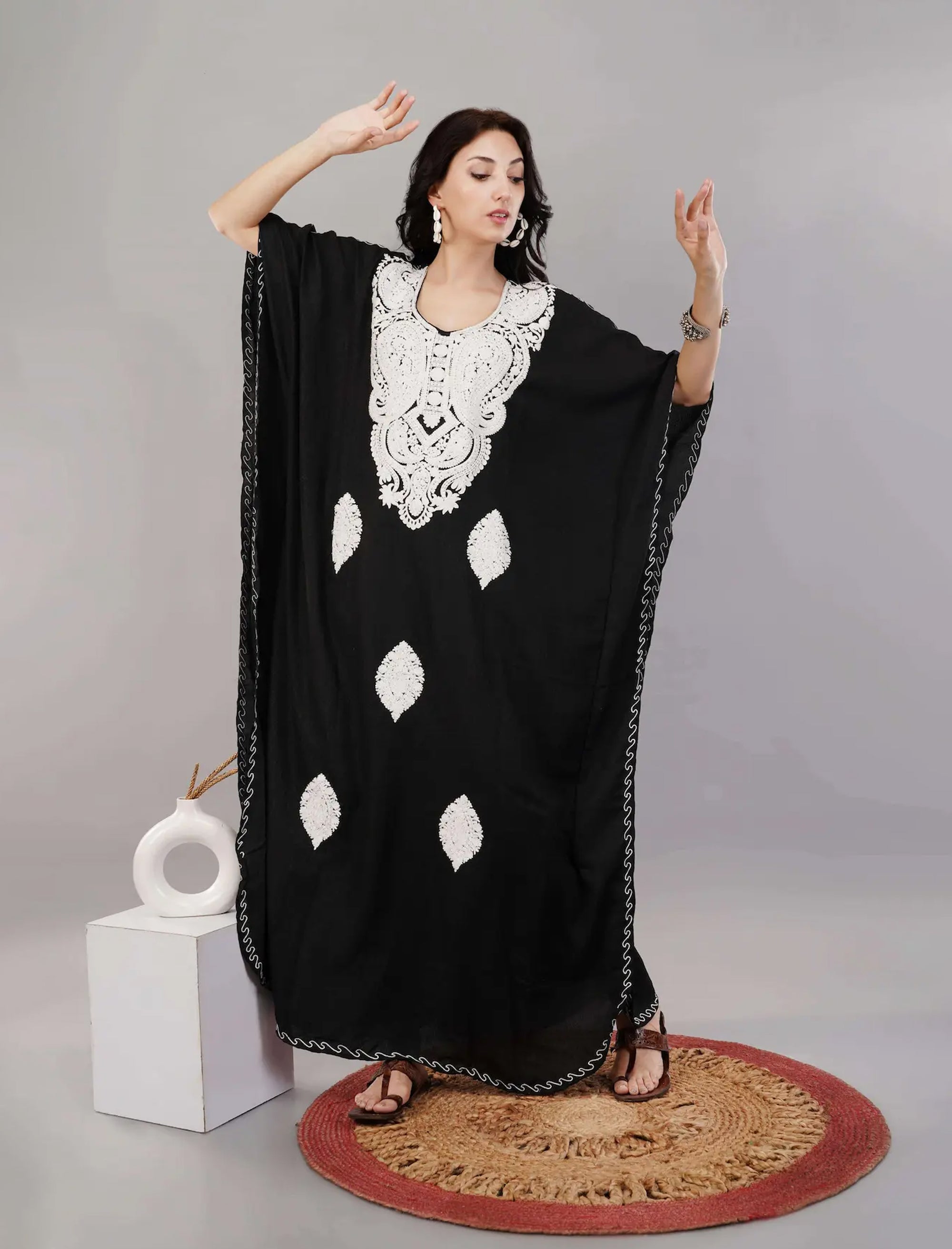 Sable_Black_Kashmiri_Embroidered_Long_Cotton_Kaftan_shop_Namastay