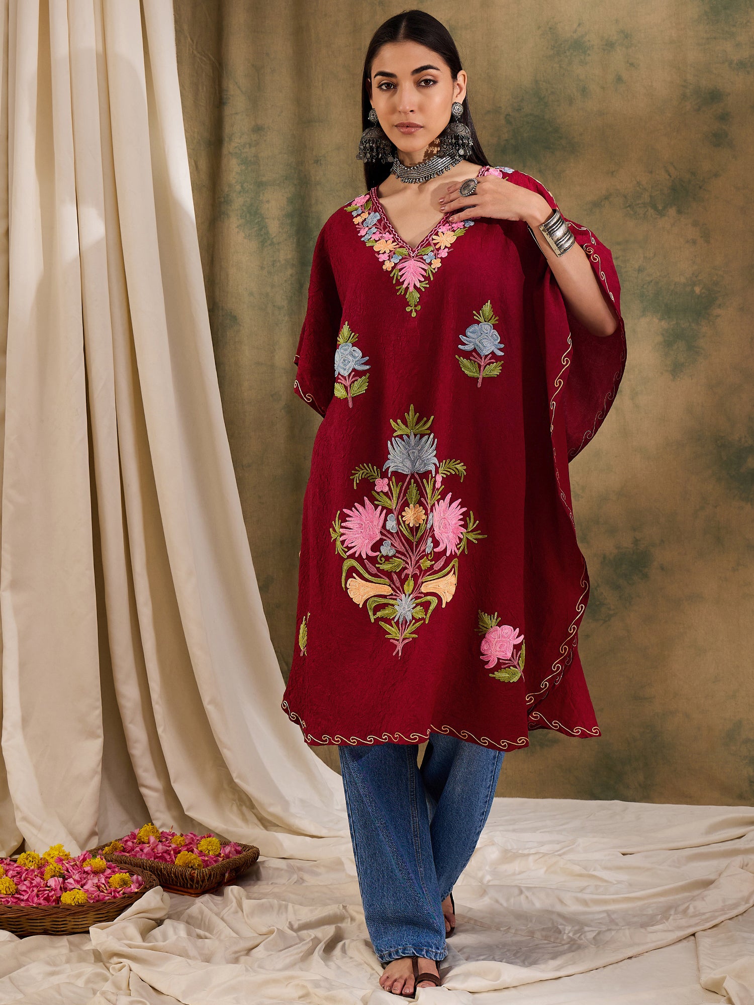 Marsala_Red_Kashmiri_Embroidered_Short_Cotton_Kaftan_shop_Namastay
