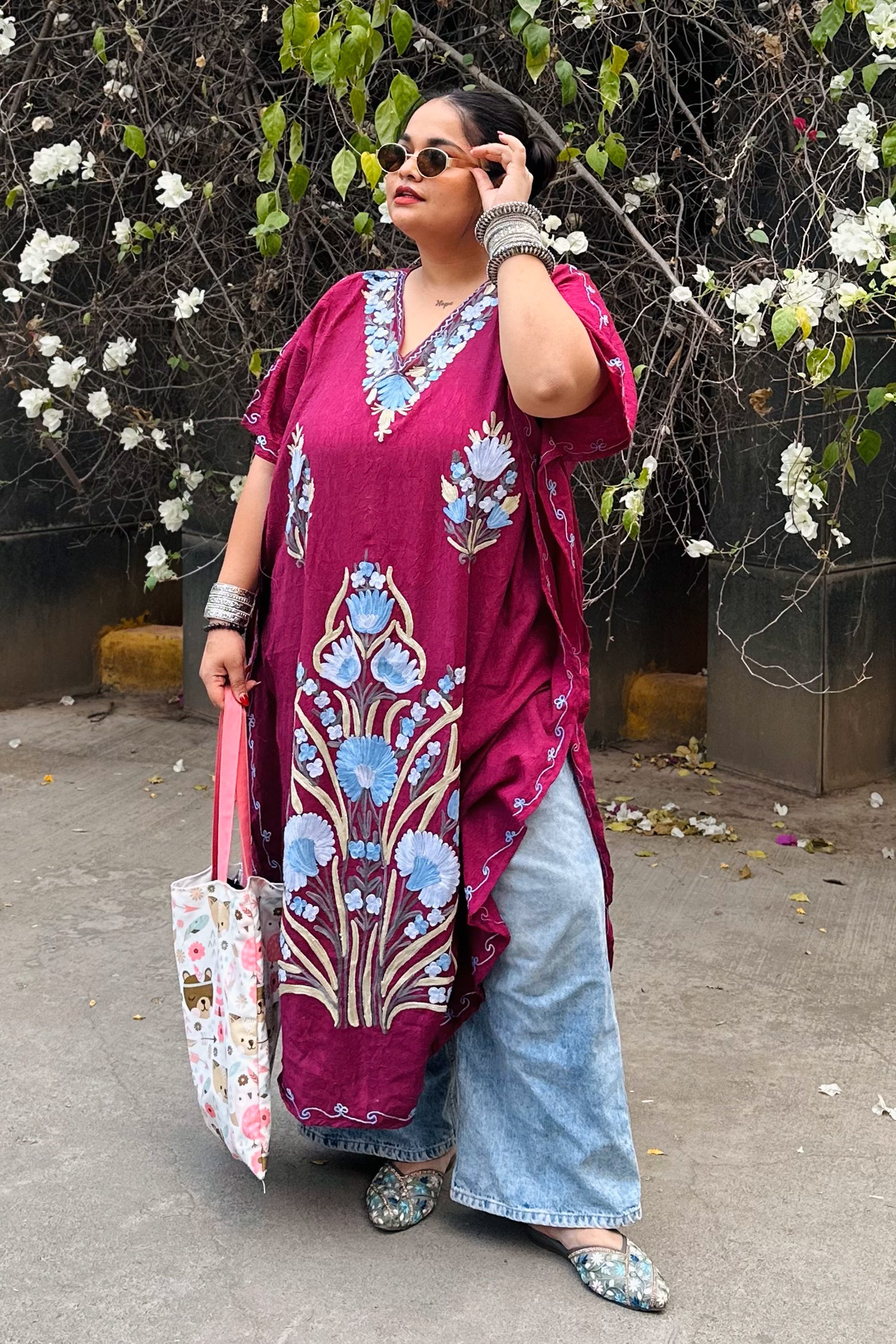 Mademoiselle Maroon Kashmiri Summer Long Cotton Kaftan