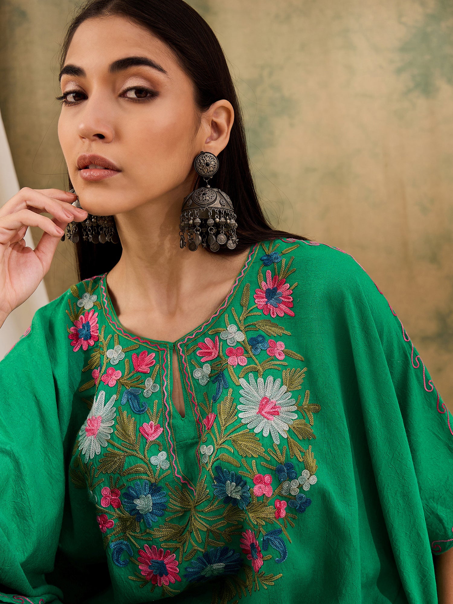Basil_Green_Kashmiri_Embroidered_Short_Cotton_Kaftan_shop_Namastay