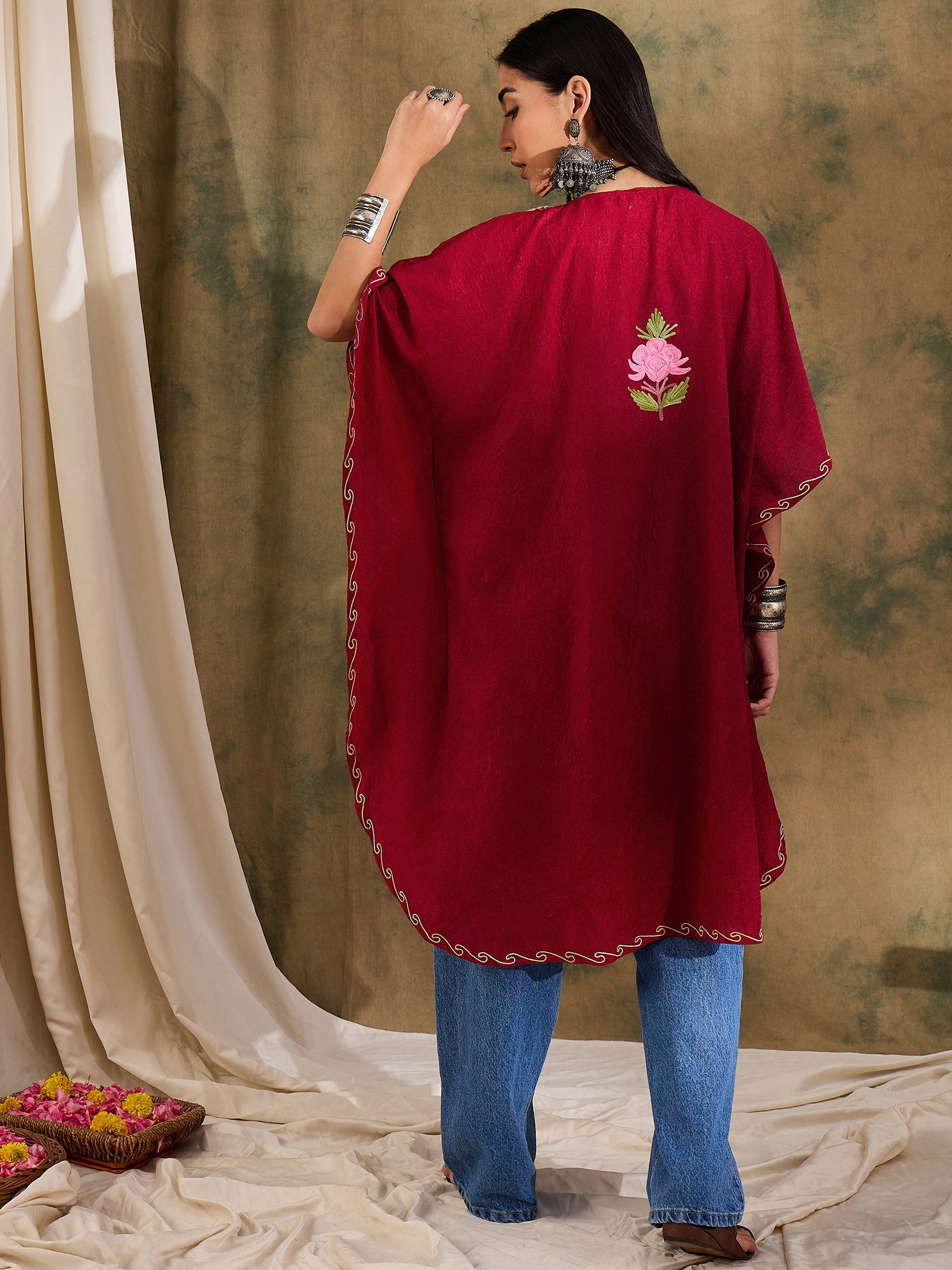 Marsala_Red_Kashmiri_Embroidered_Short_Cotton_Kaftan_shop_Namastay