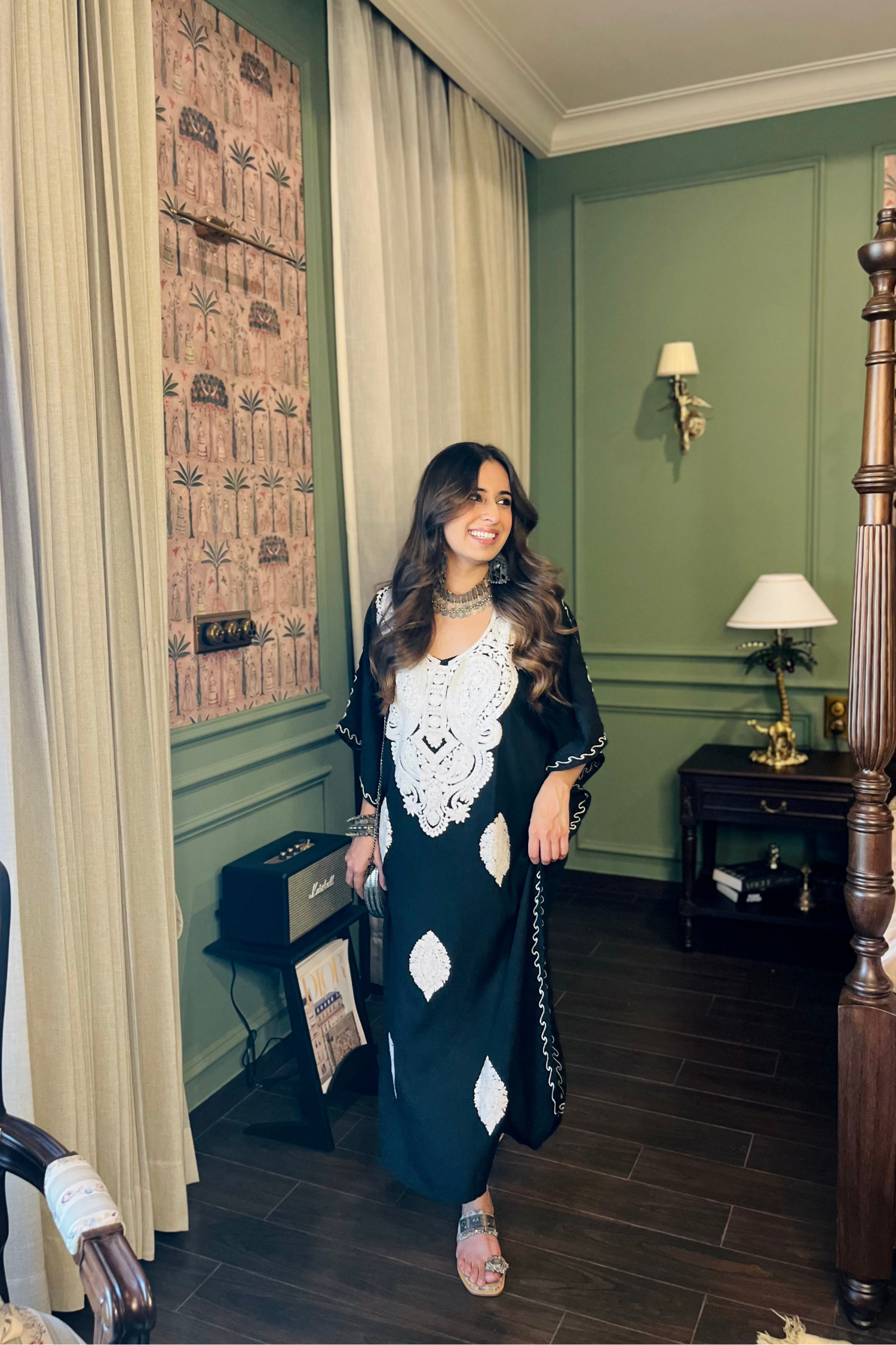 Sania chaddha In Our Sable Black Kashmiri Embroidered Long Cotton Kaftan
