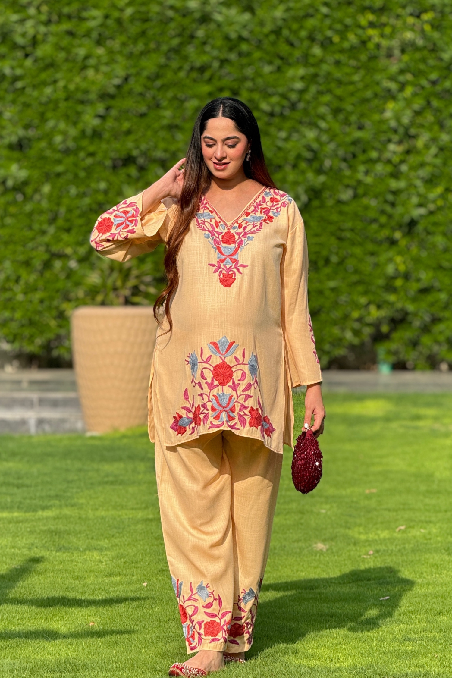 Jasnoor Anand in our Amina Peach Cotton Kashmiri Kurta and Pants Set