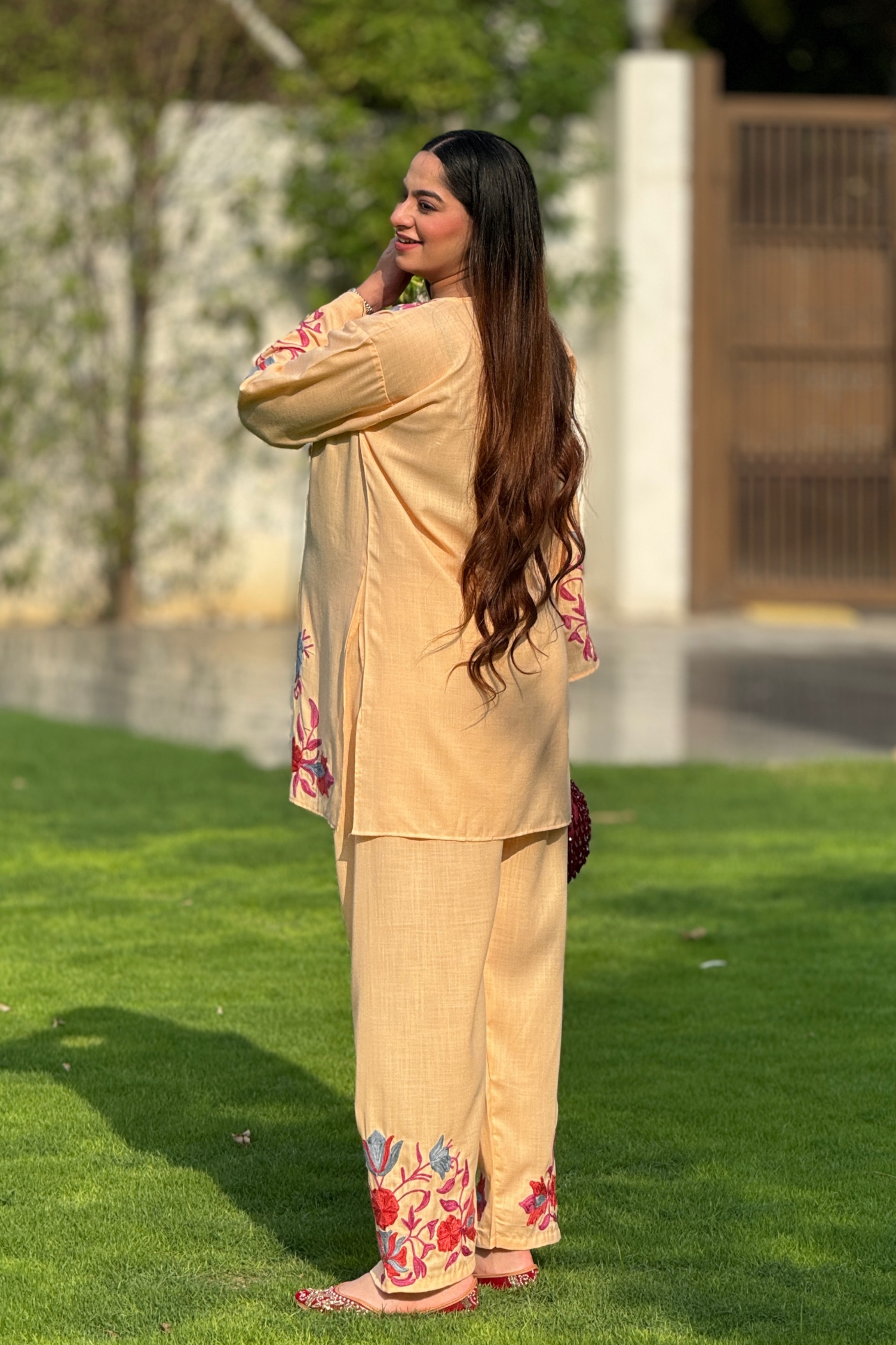 Jasnoor Anand in our Amina Peach Cotton Kashmiri Kurta and Pants Set