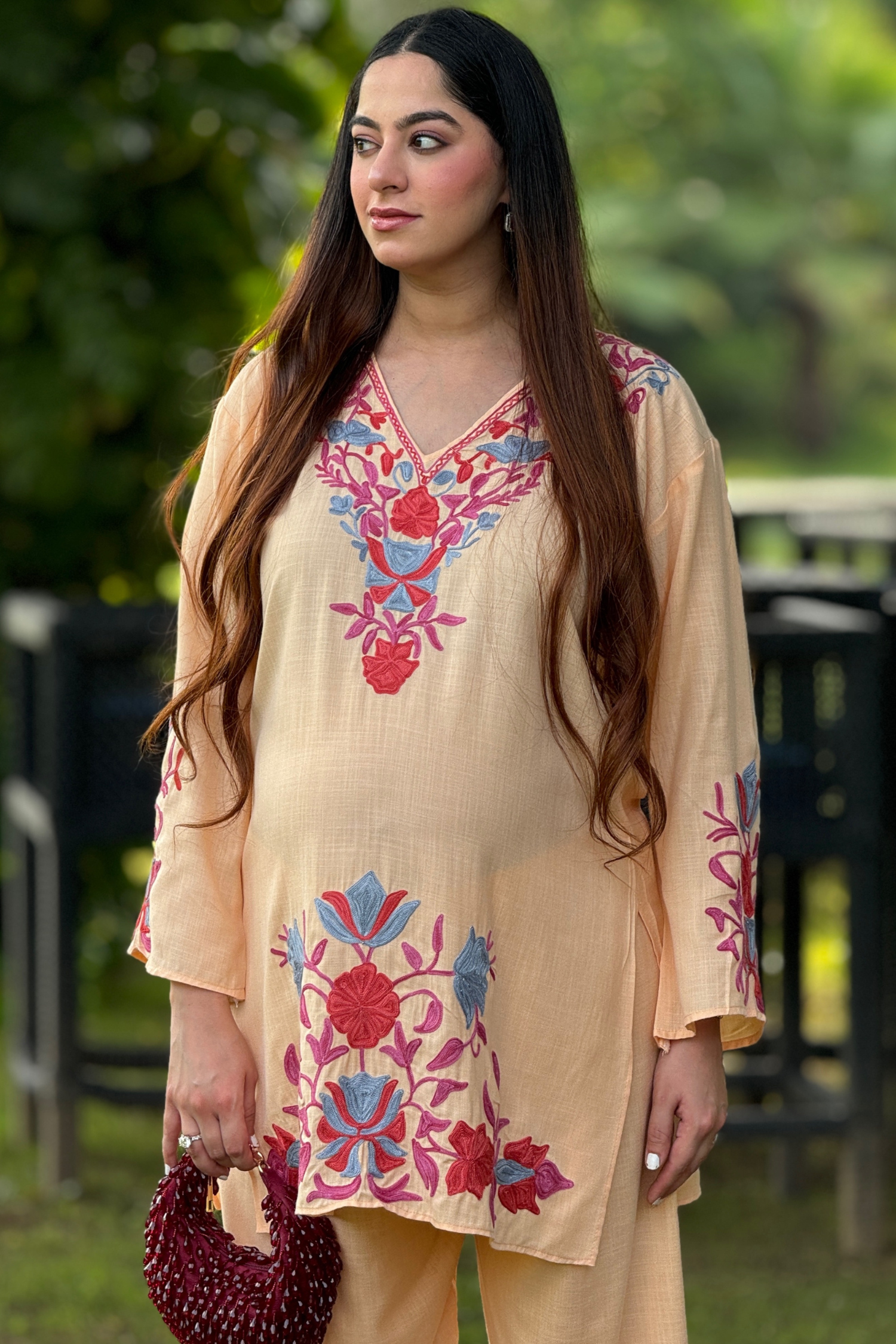 Jasnoor Anand in our Amina Peach Cotton Kashmiri Kurta and Pants Set