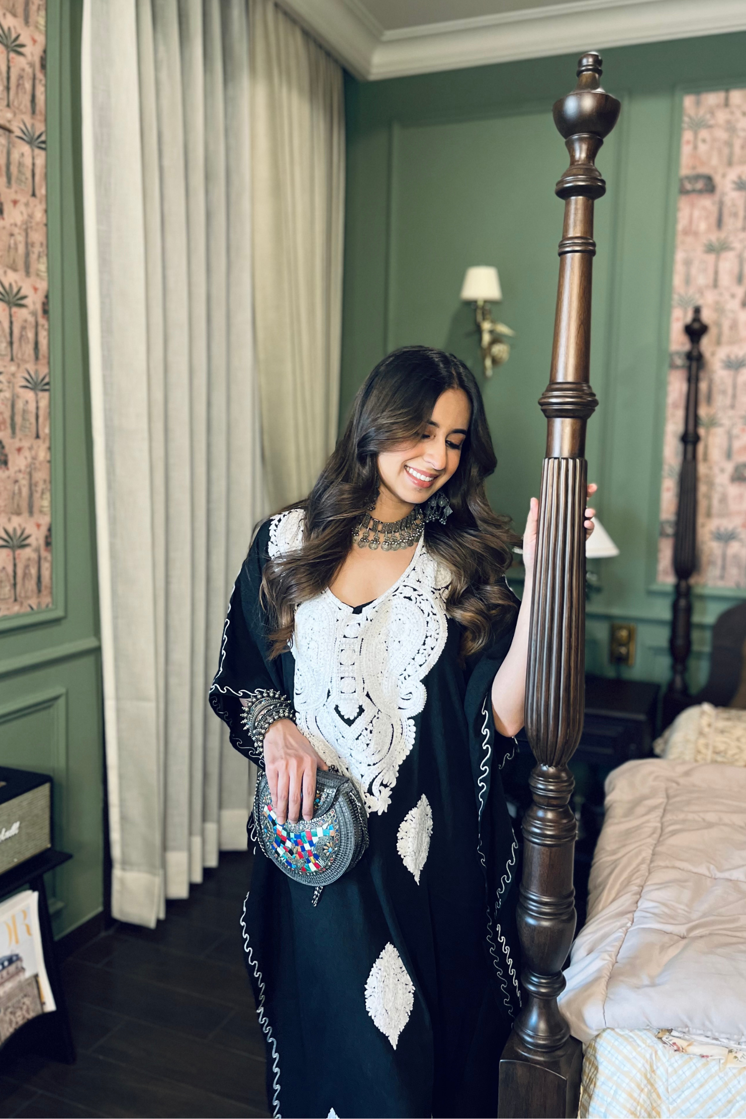 Sania chaddha In Our Sable Black Kashmiri Embroidered Long Cotton Kaftan