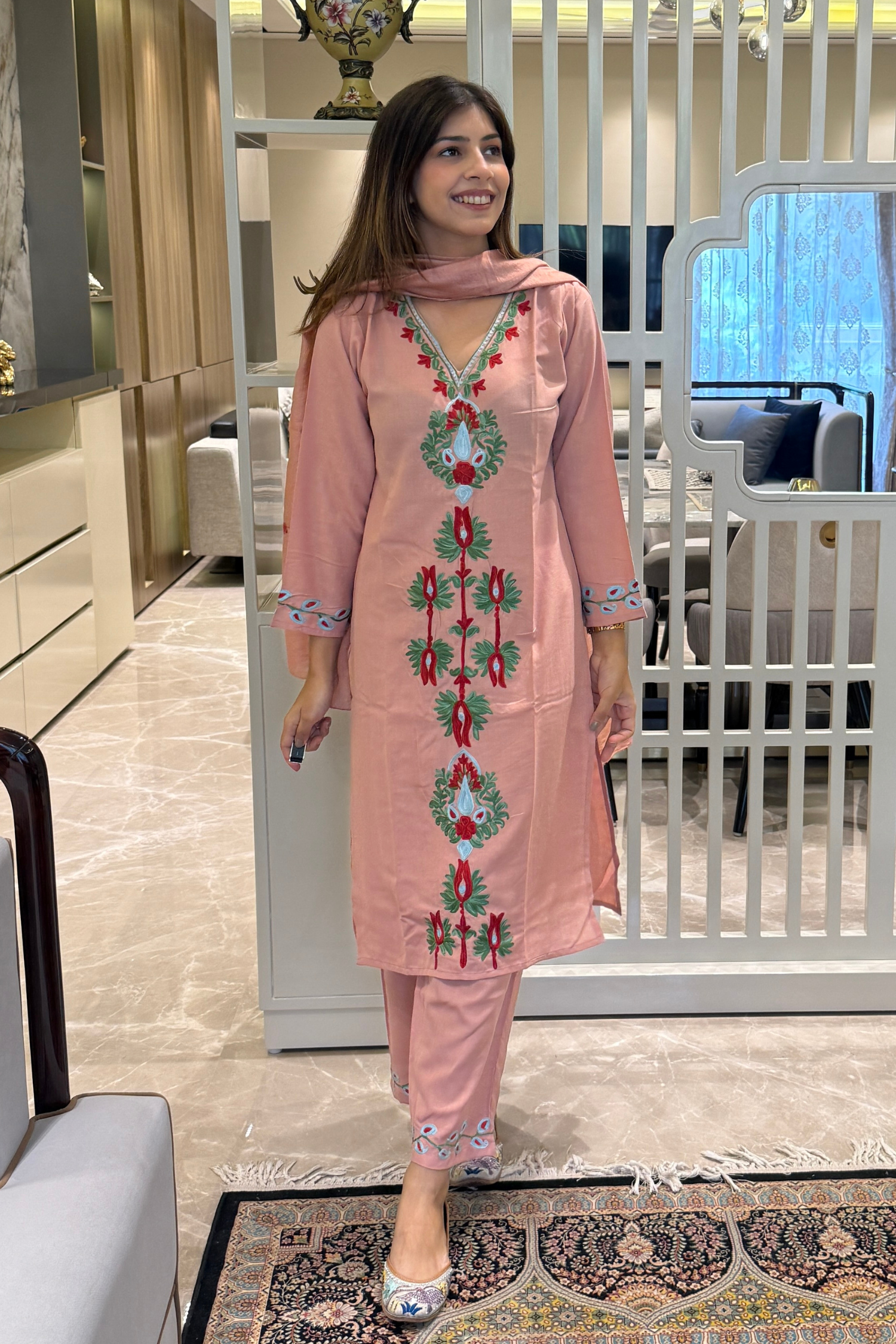 Ankita Kheterpal In Azra Pink Cotton Kashmiri Kurta Suit Set with Dupatta