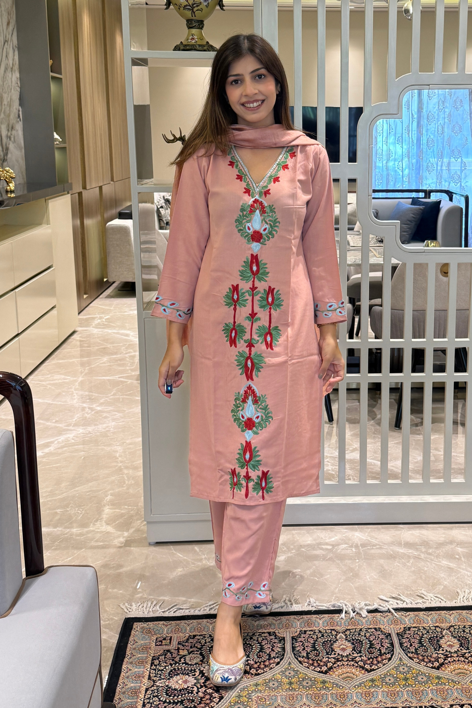 Ankita Kheterpal In Azra Pink Cotton Kashmiri Kurta Suit Set with Dupatta