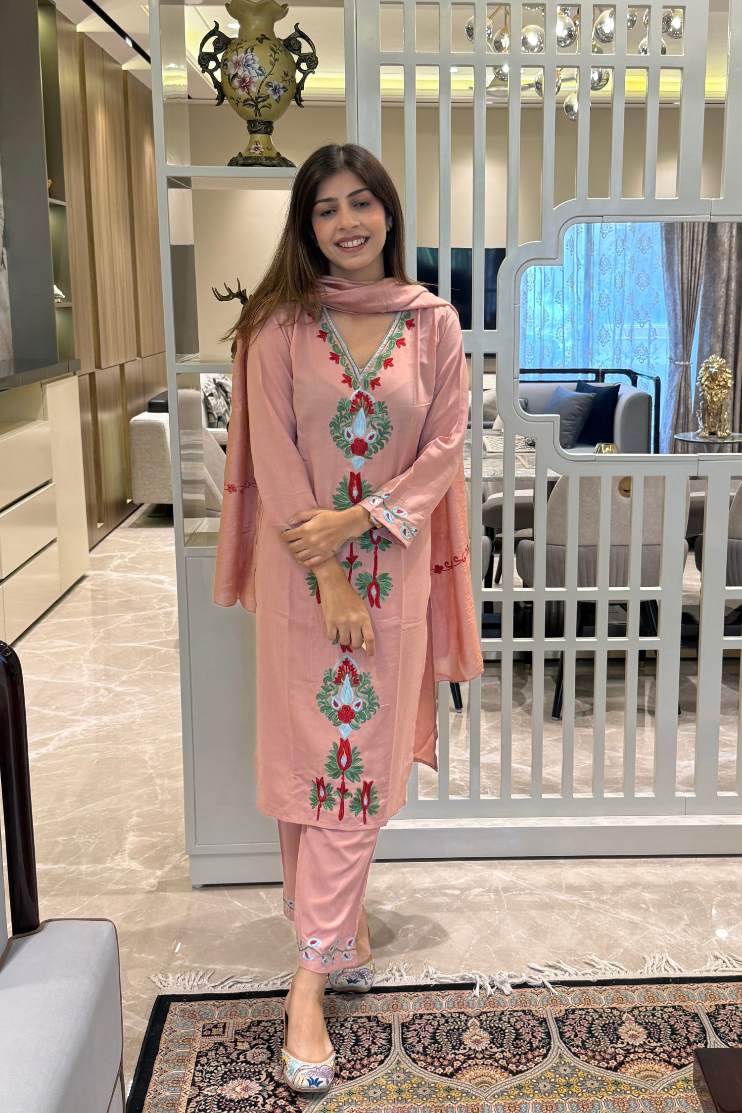 Ankita Kheterpal In Azra Pink Cotton Kashmiri Kurta Suit Set with Dupatta