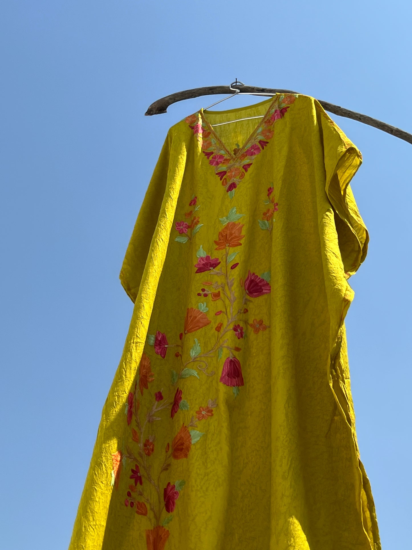 Lemon Green Kashmiri Embroidered Summer Long Kaftan