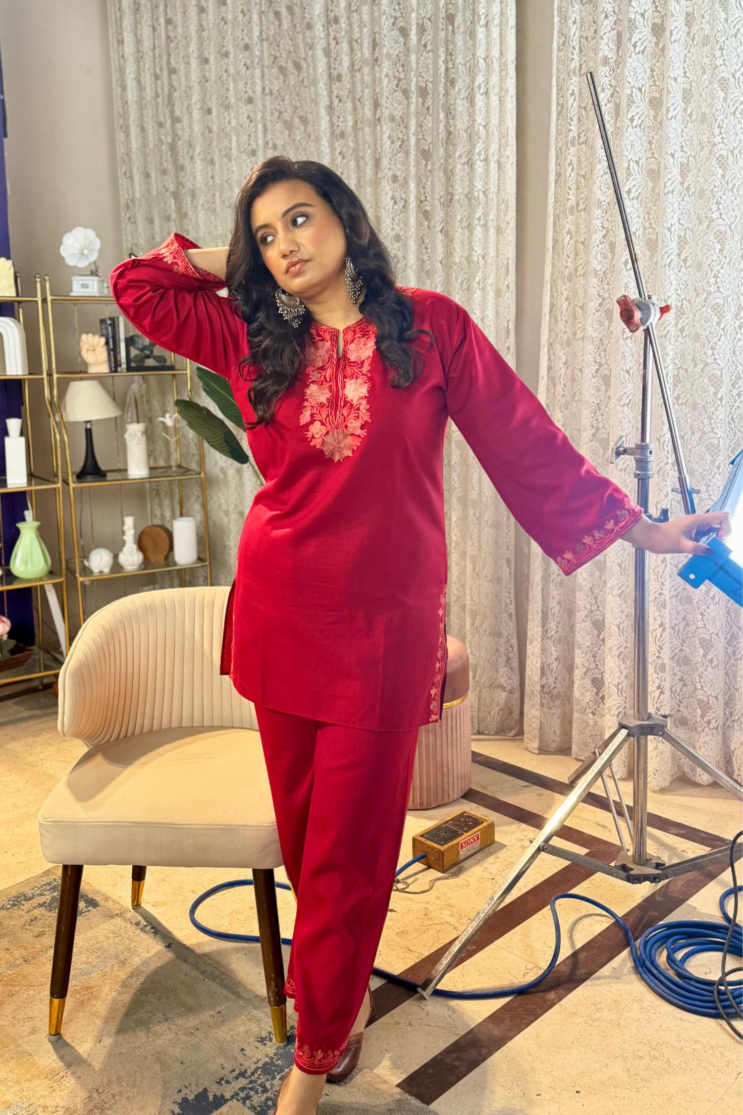Janice In Aabroo Red Kashmiri Cotton Coord Set