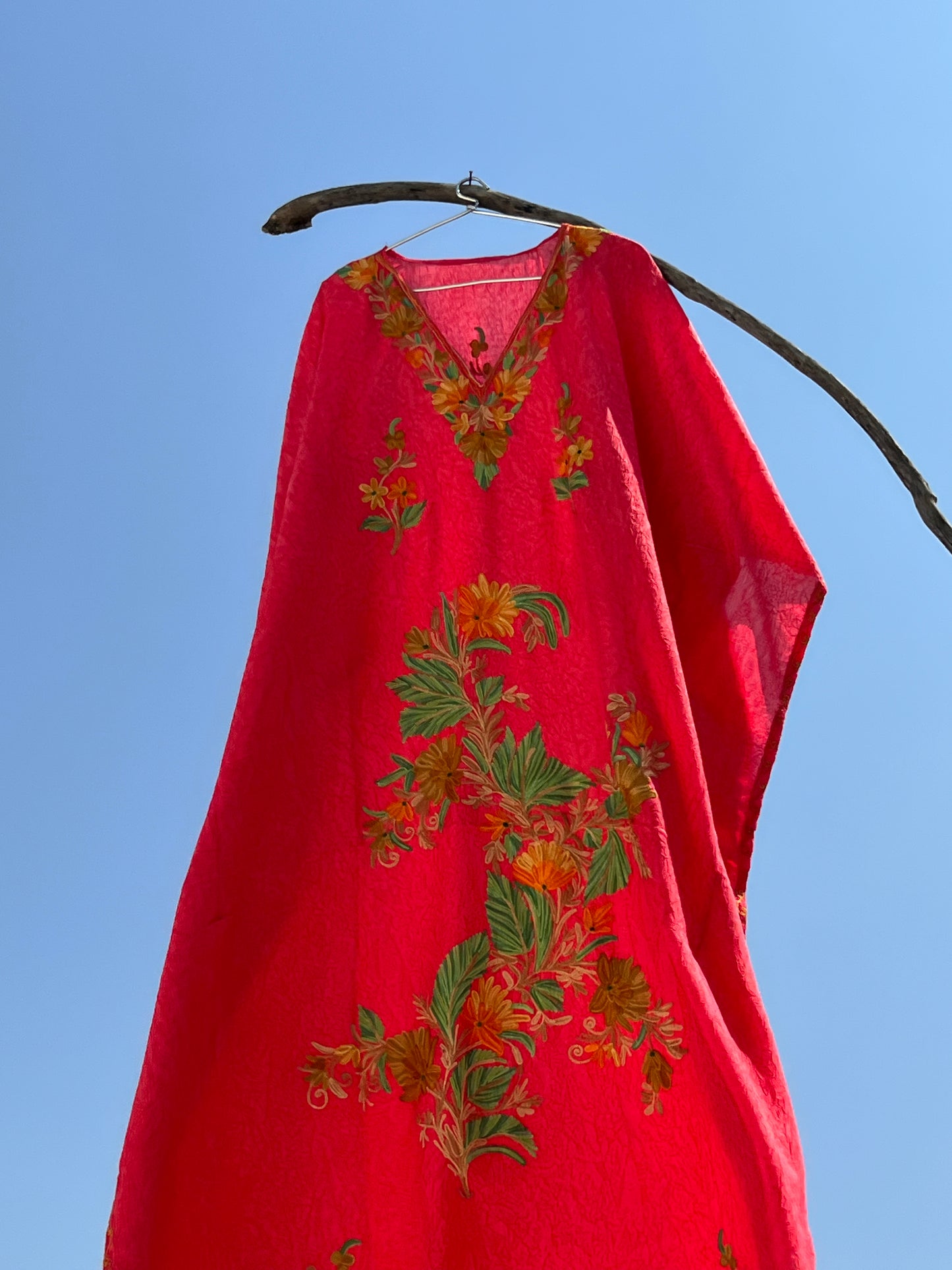 Ruby Pink Kashmiri Embroidered Summer Kaftan - Long