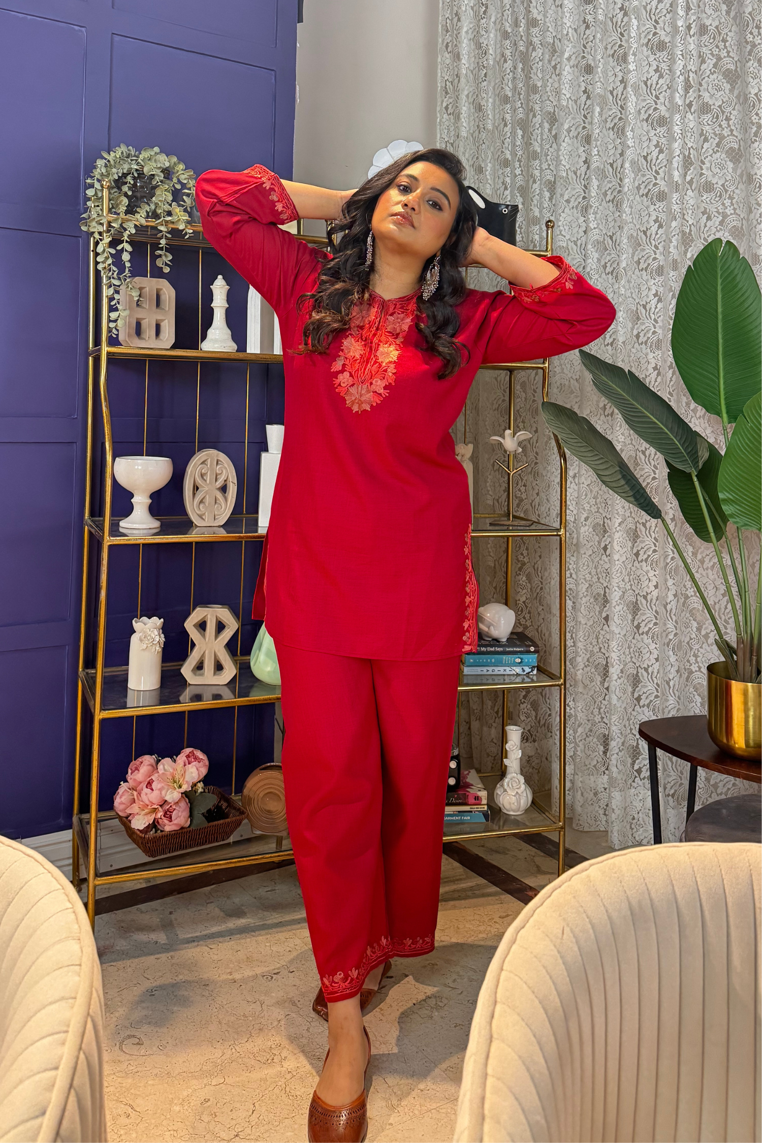 Janice In Aabroo Red Kashmiri Cotton Coord Set