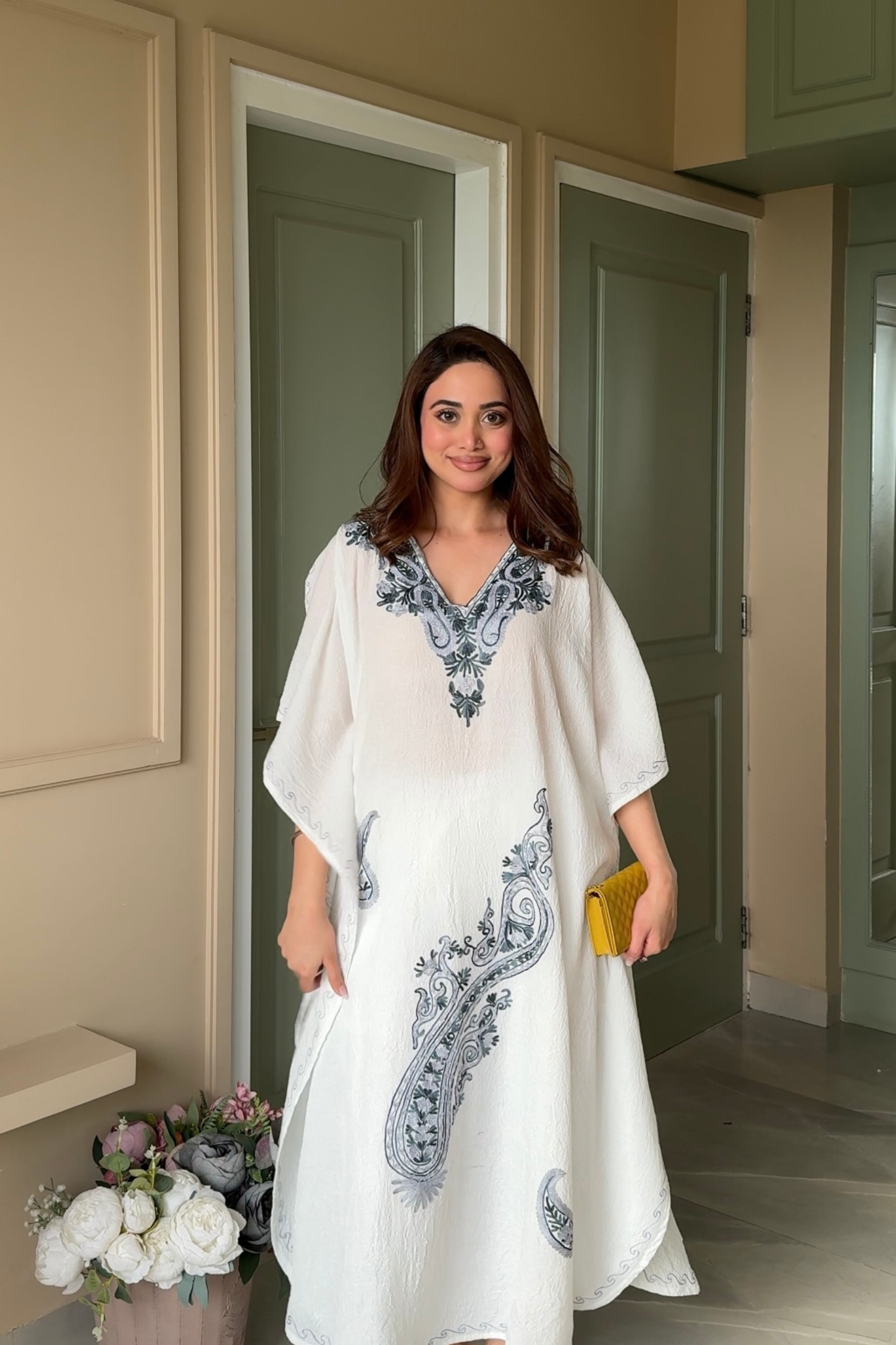Ishita Sandhu in Ivory Kashmiri Embroidered Long Cotton Kaftan