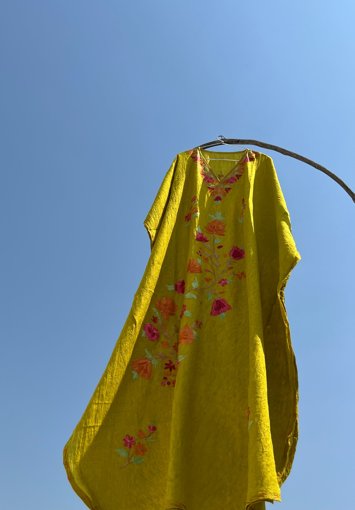 Lemon Green Kashmiri Embroidered Summer Long Kaftan