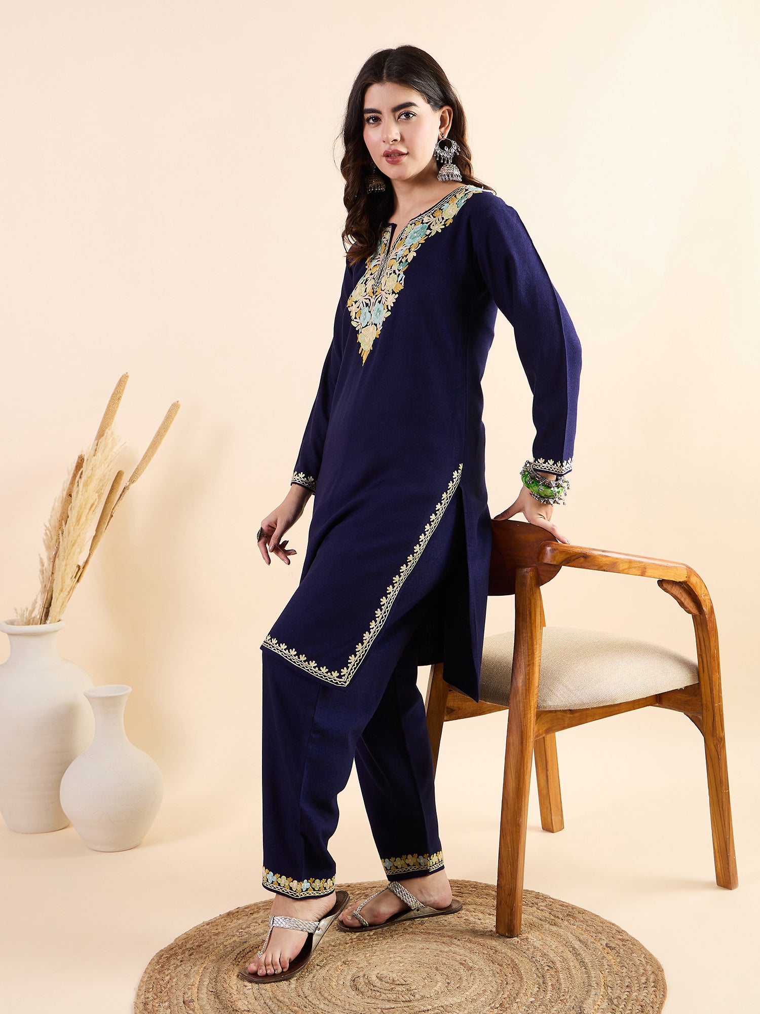 Anam_Blue_Kashmiri_Woollen_Kurta_Co-ord_Set_shop_Namastay