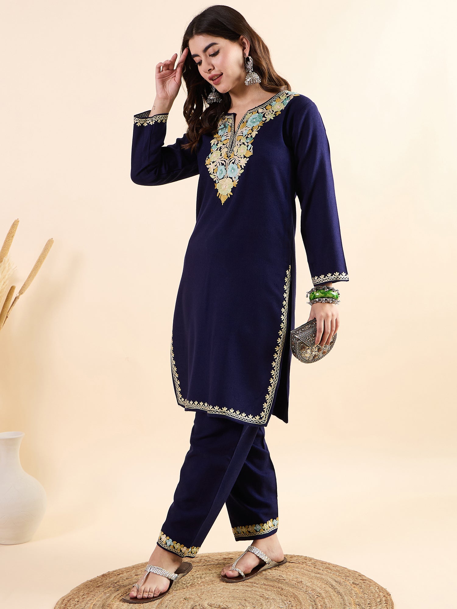 Anam_Blue_Kashmiri_Woollen_Kurta_Co-ord_Set_shop_Namastay