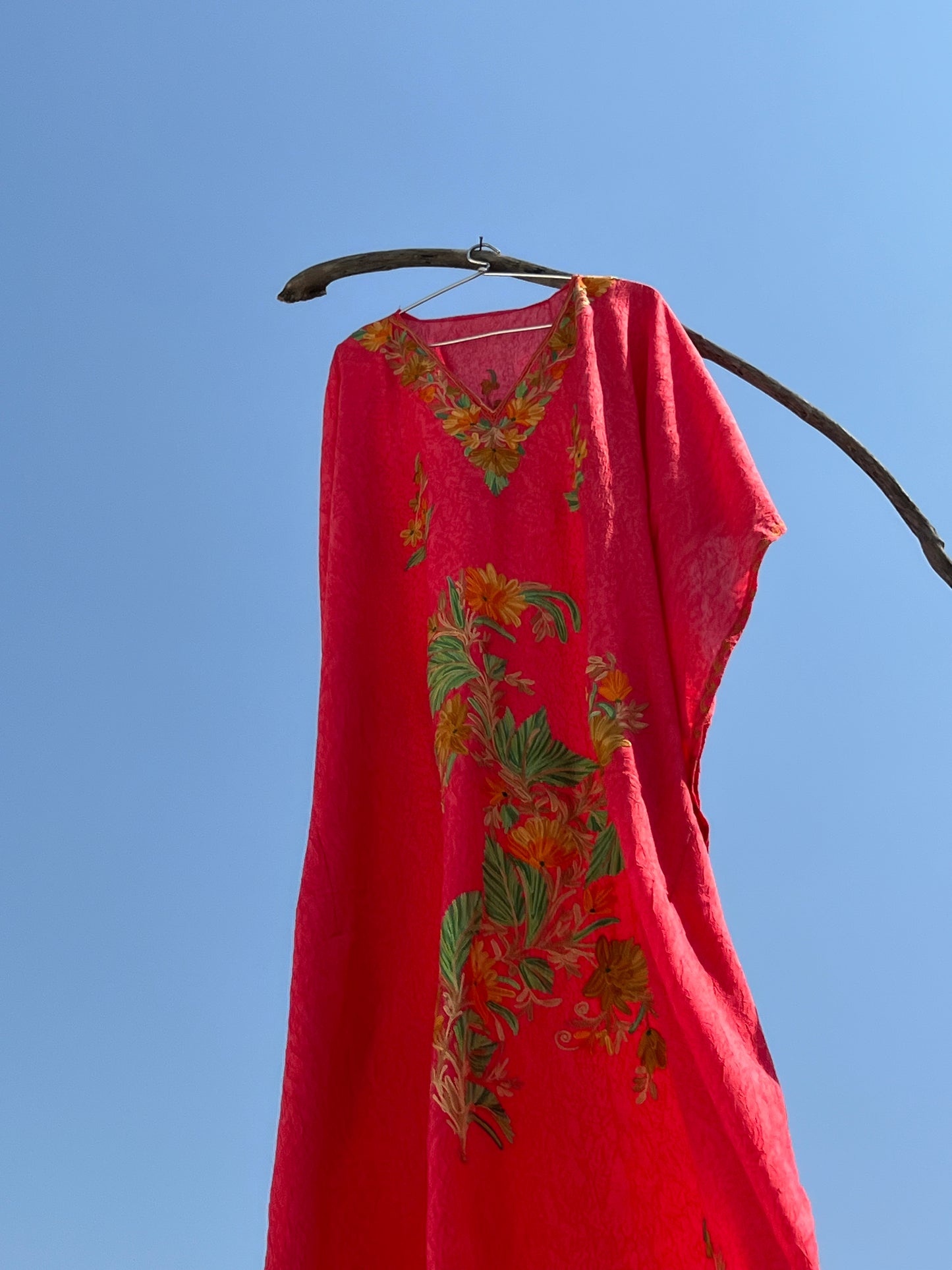 Ruby Pink Kashmiri Embroidered Summer Kaftan - Long