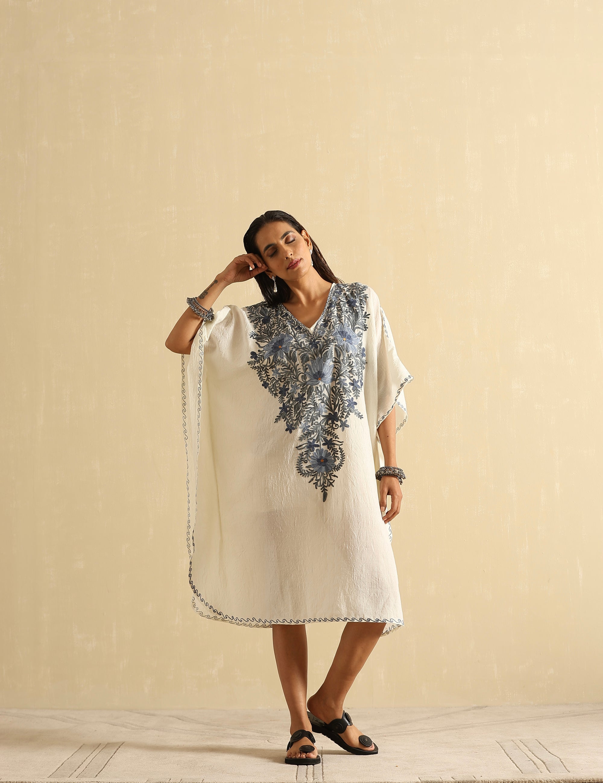 Pearl_White_Aari_Embroidered_Kashmiri_Short_Cotton_Kaftan_shop_Namastay