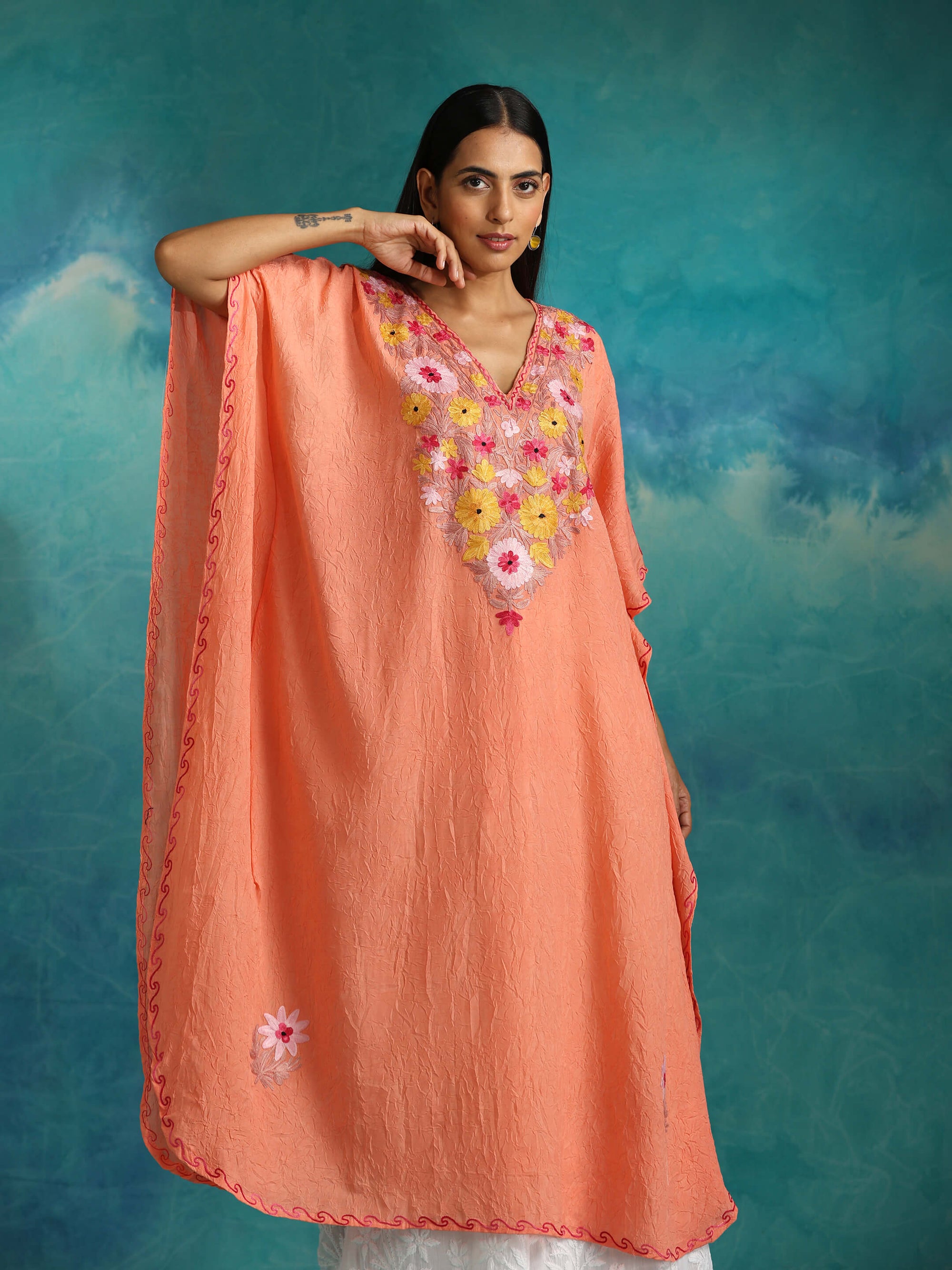 Creamy_Peach_Kashmiri_Cotton_Kaftan_shop_Namastay