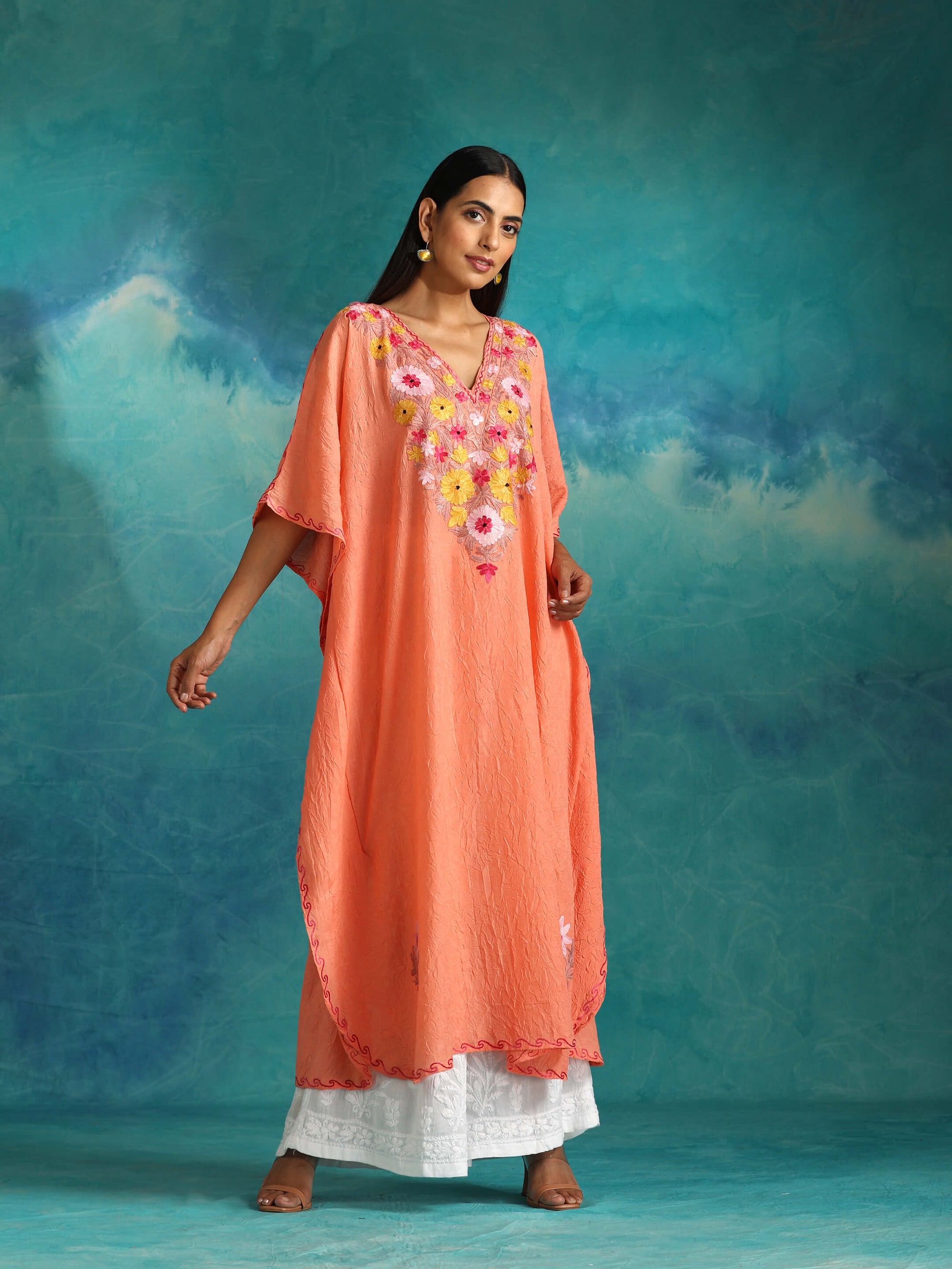 Creamy_Peach_Kashmiri_Cotton_Kaftan_shop_Namastay