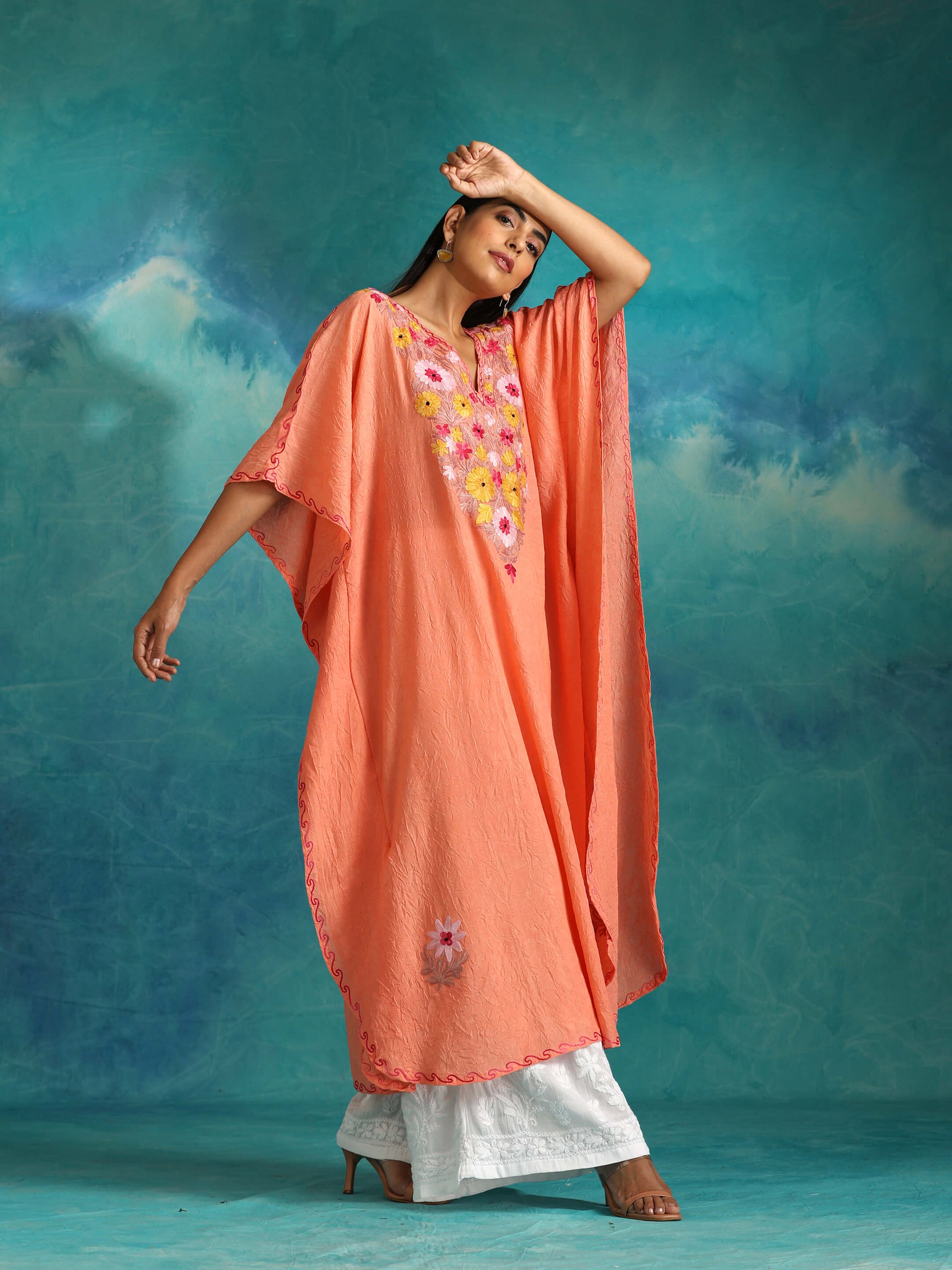 Creamy_Peach_Kashmiri_Cotton_Kaftan_shop_Namastay