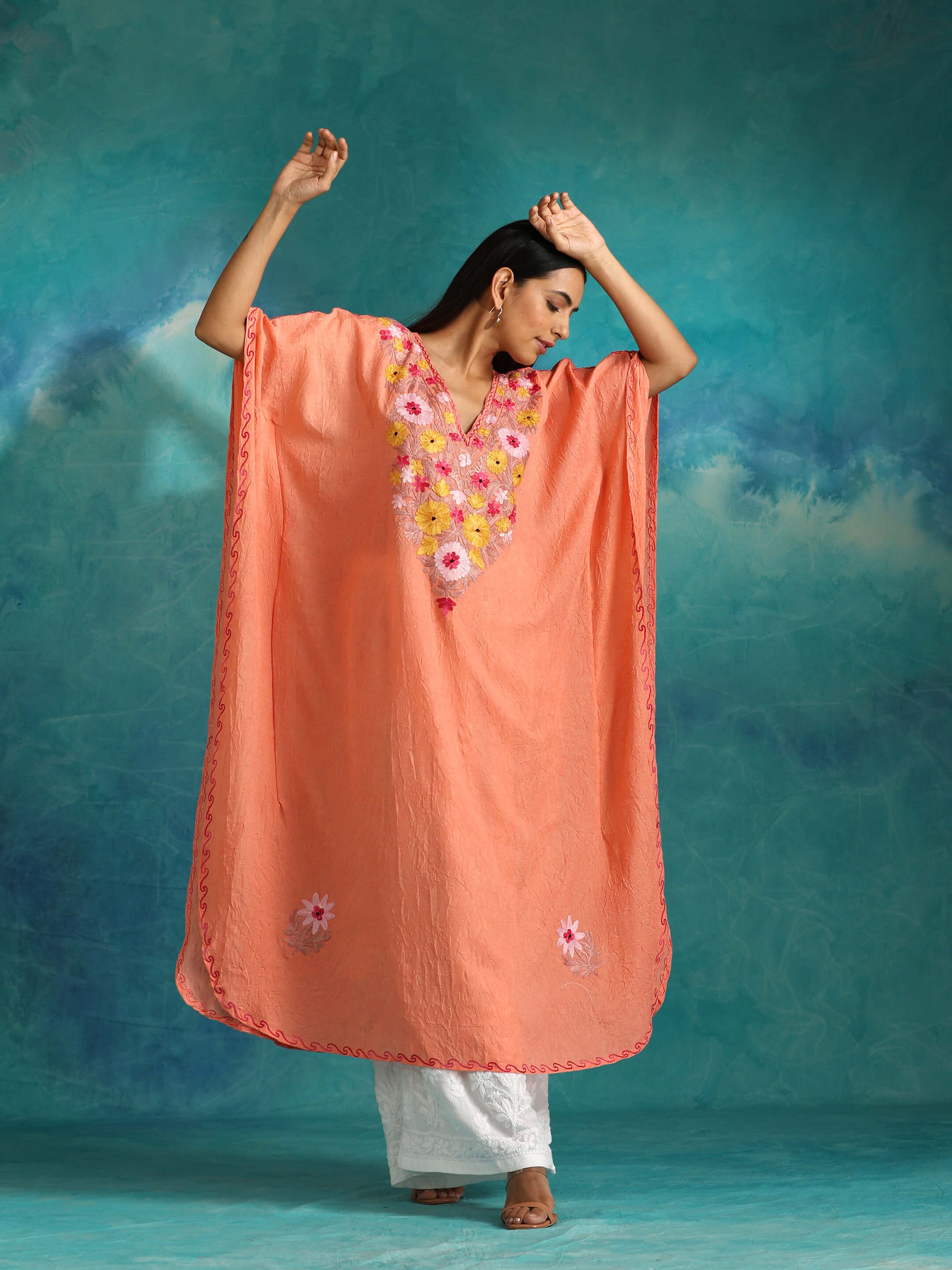 Creamy_Peach_Kashmiri_Cotton_Kaftan_shop_Namastay