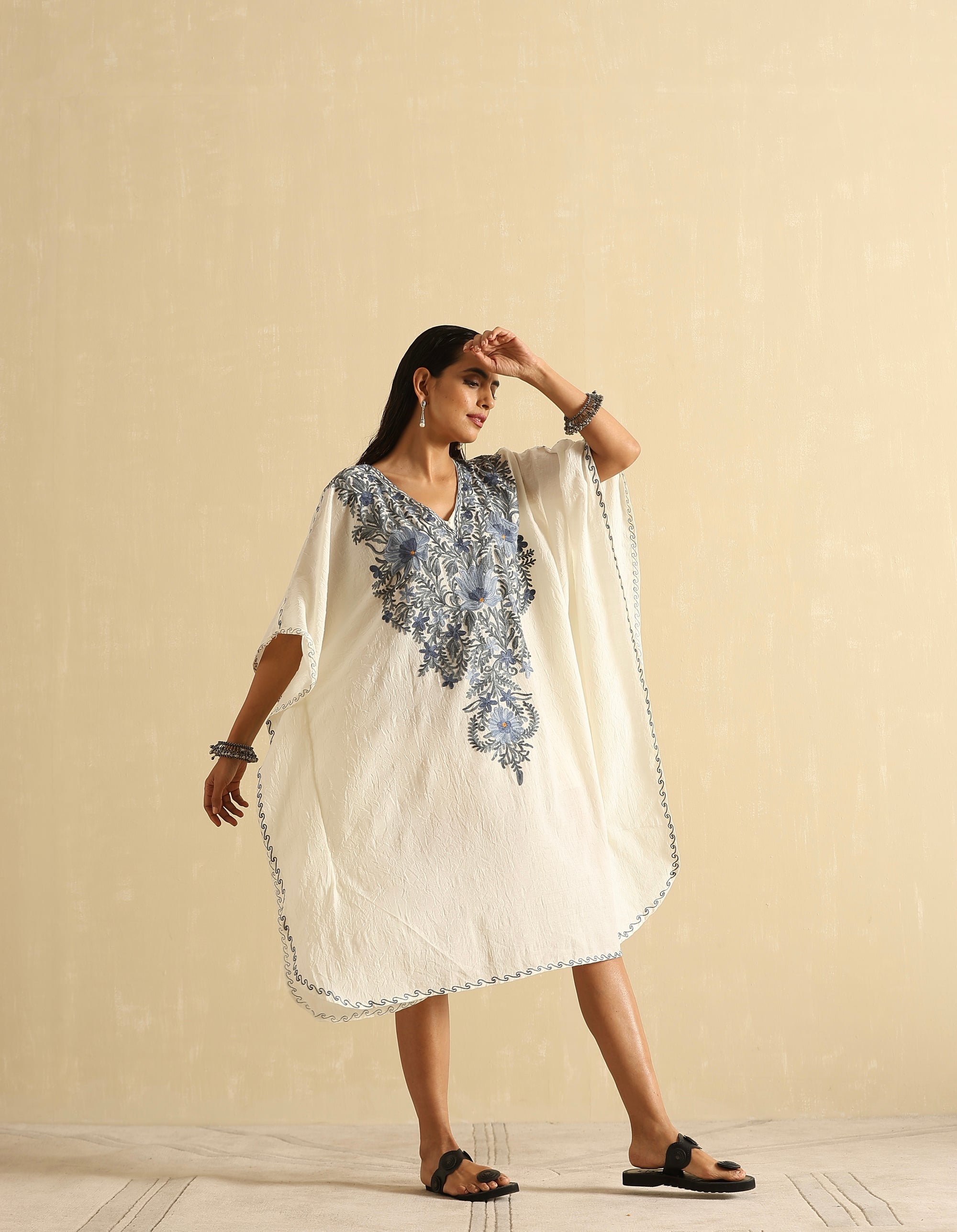 Pearl_White_Aari_Embroidered_Kashmiri_Short_Cotton_Kaftan_shop_Namastay