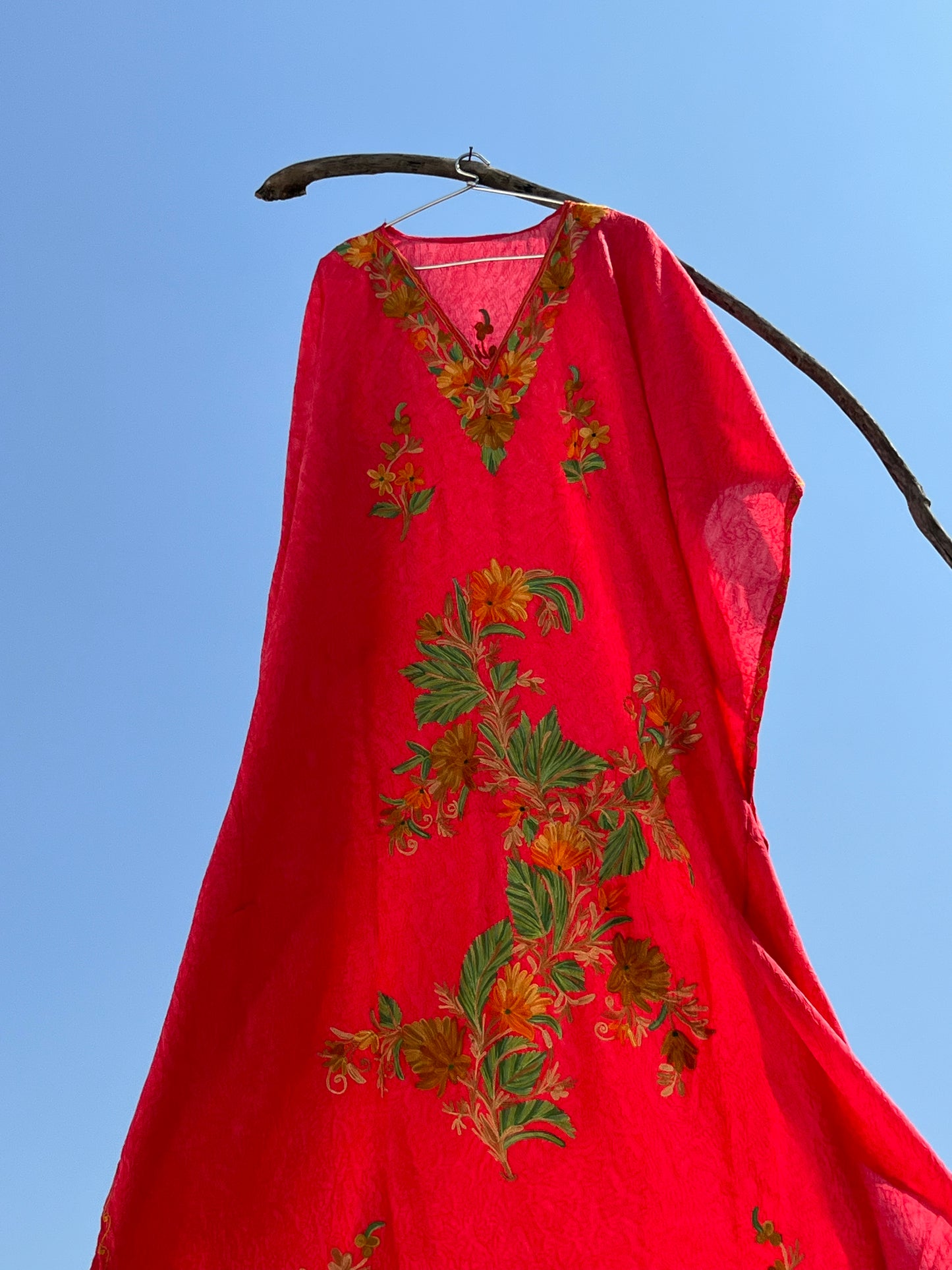 Ruby Pink Kashmiri Embroidered Summer Kaftan - Long
