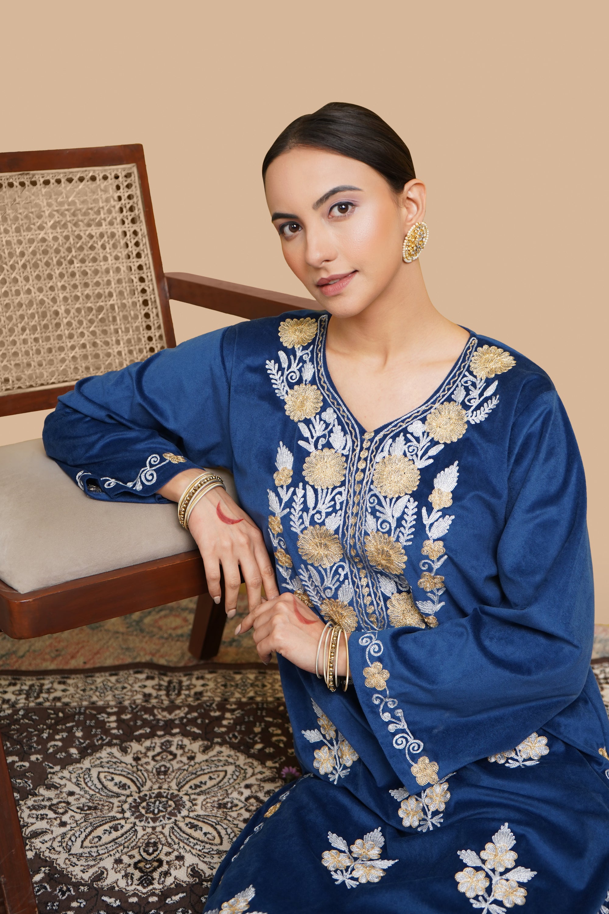 Kiran Zari Embroidered Blue Velvet Coord Kurta Set
