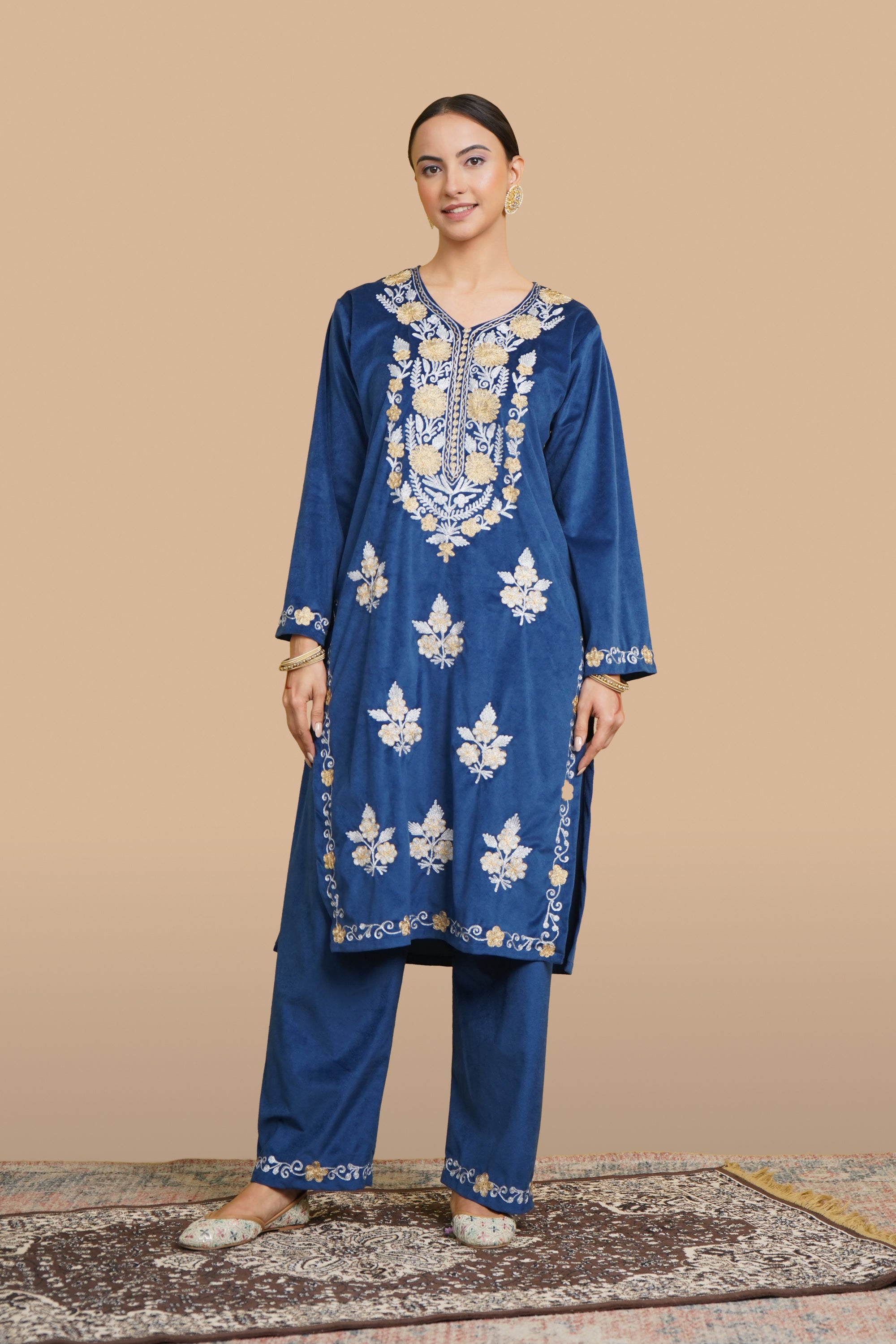Kiran Zari Embroidered Blue Velvet Coord Kurta Set