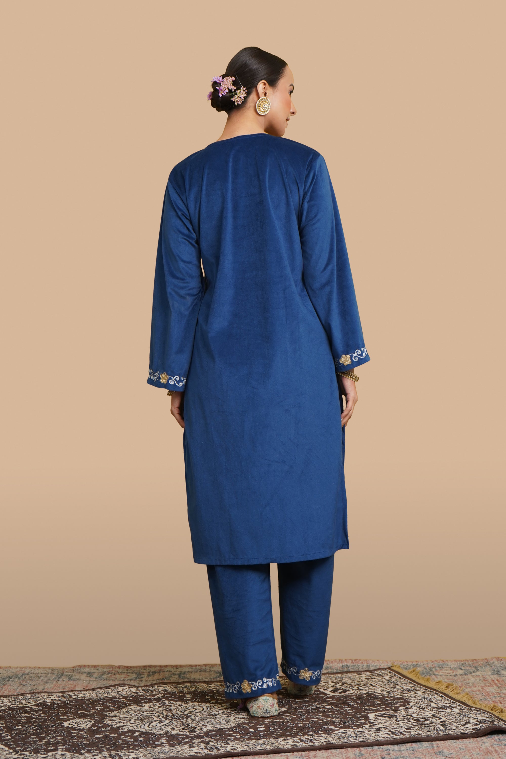 Kiran Zari Embroidered Blue Velvet Coord Kurta Set