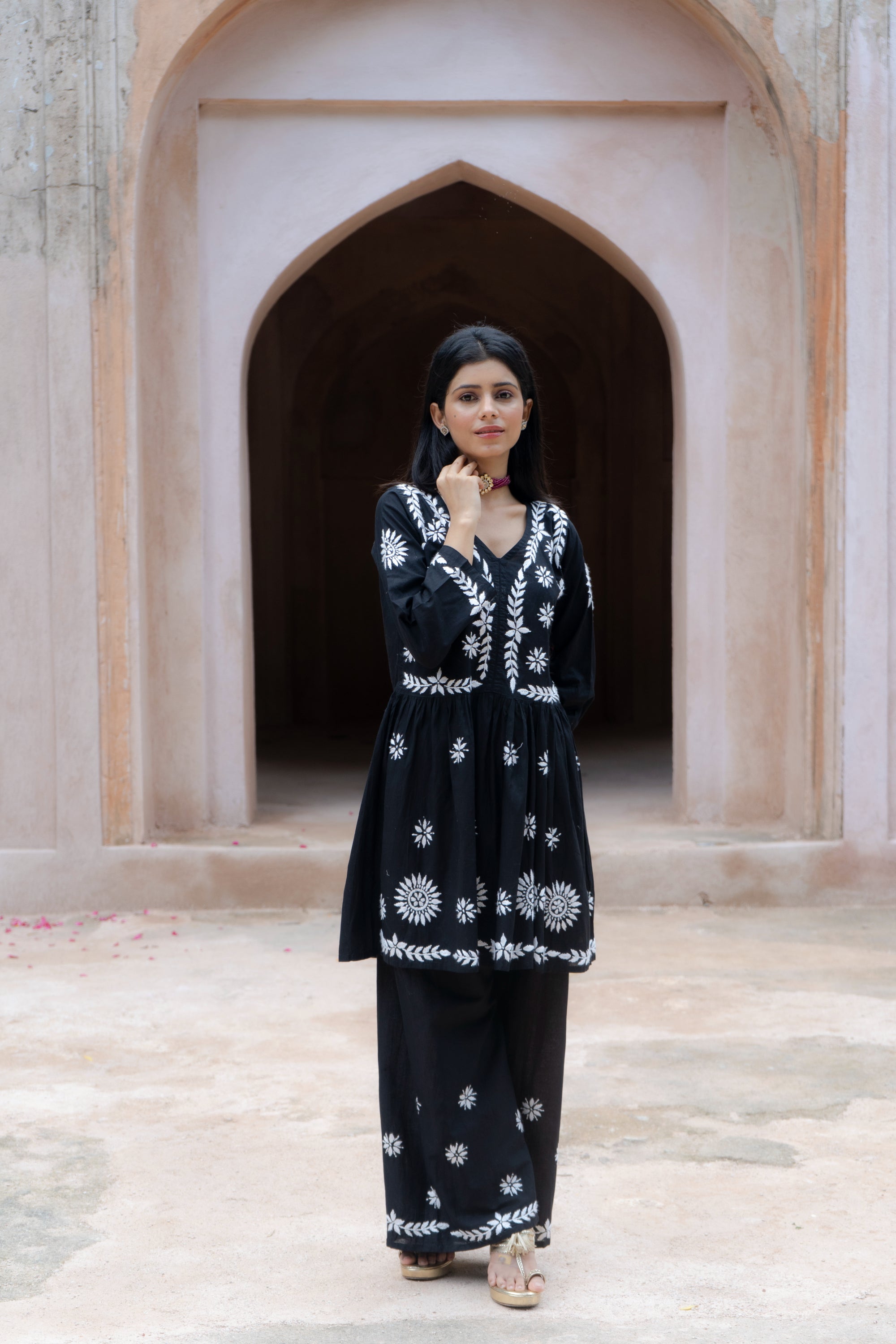 Zoya Black Flared Chikankari Cotton Kurta with Palazzo Set