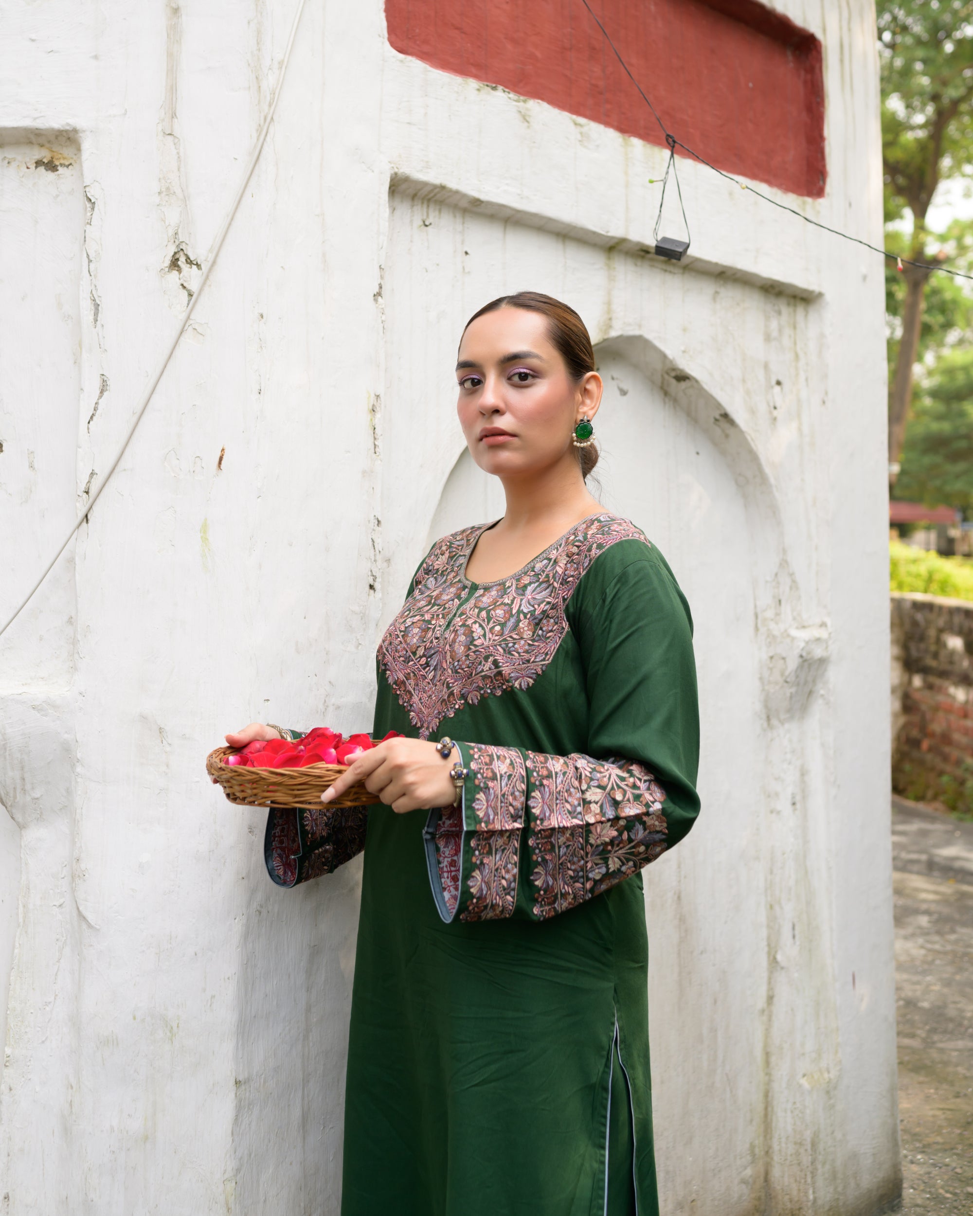 Huda Castleton Green Kashmiri Kurta and Pants Co-ord Set