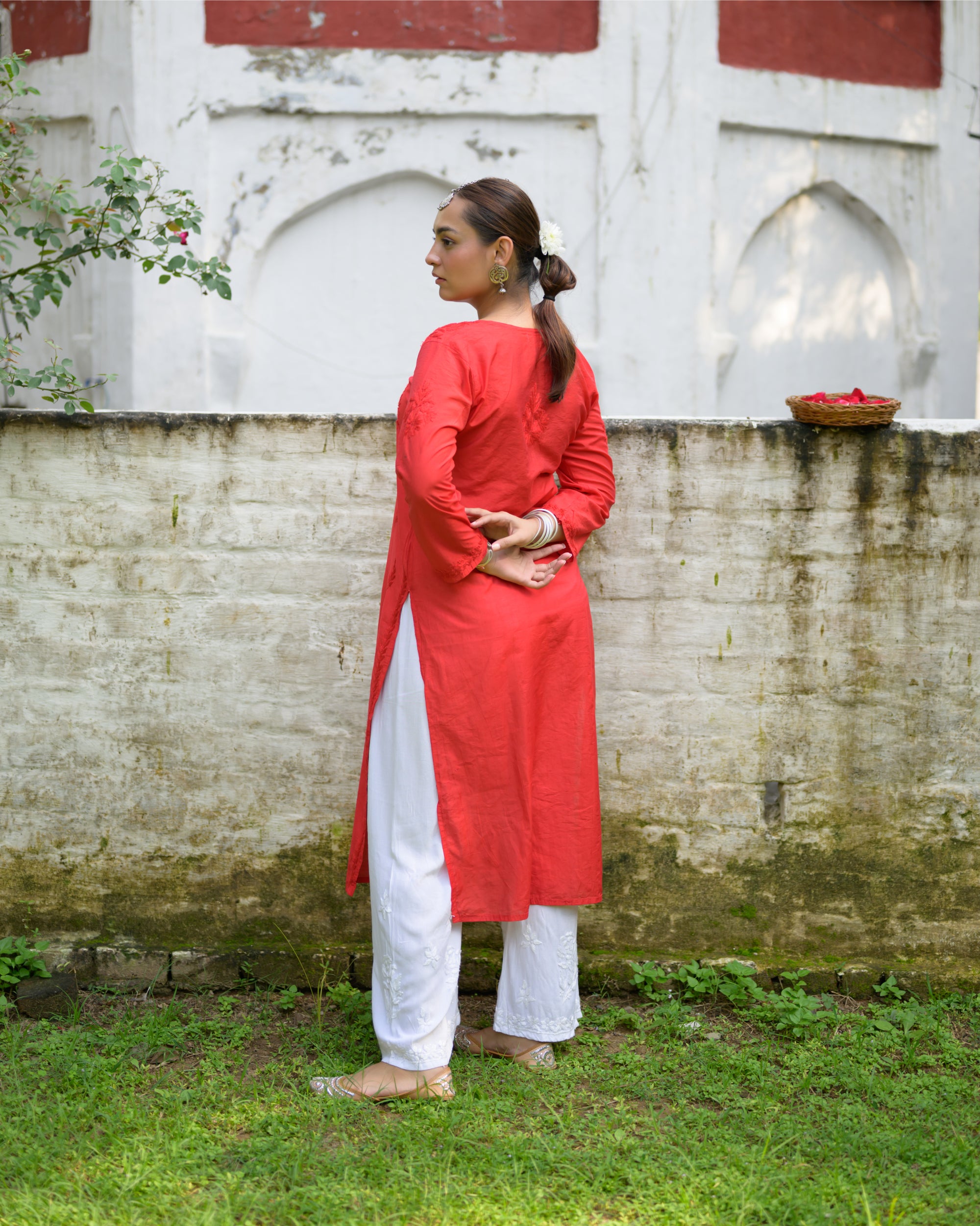 Noora Surkh Red Chanderi Chikankari Kurta
