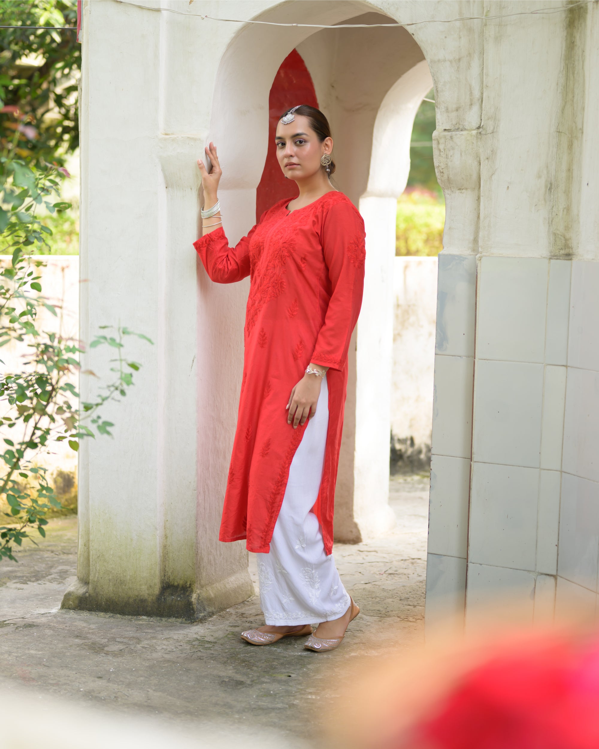 Noora Surkh Red Chanderi Chikankari Kurta