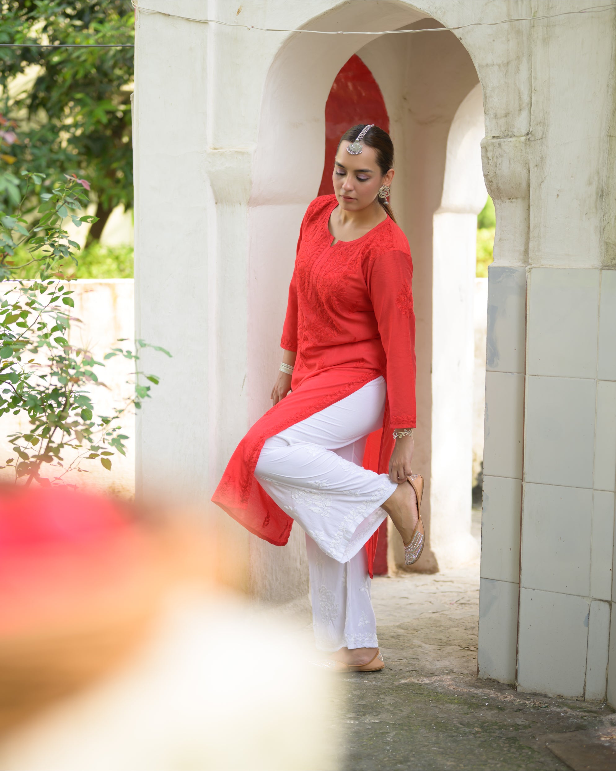 Noora Surkh Red Chanderi Chikankari Kurta