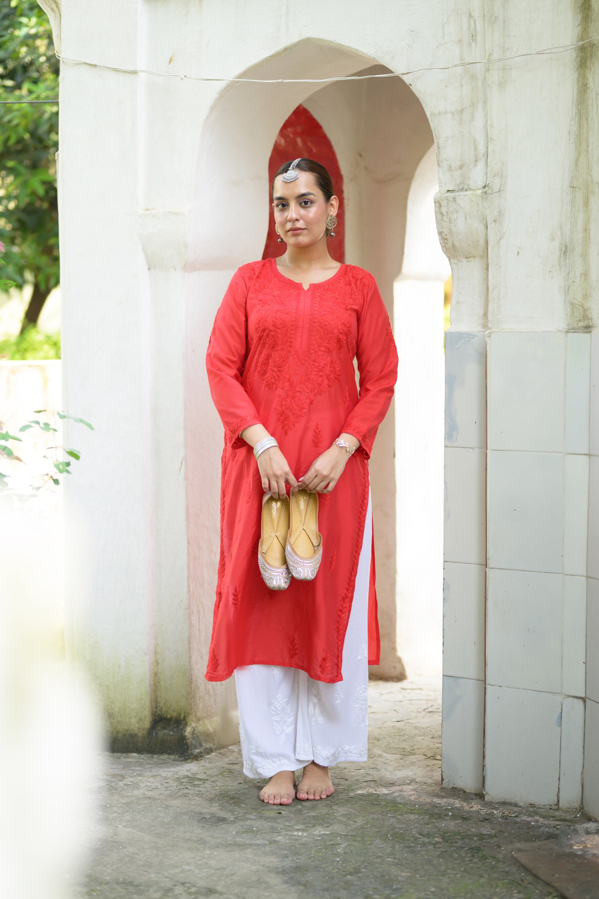 Noora Surkh Red Chanderi Chikankari Kurta
