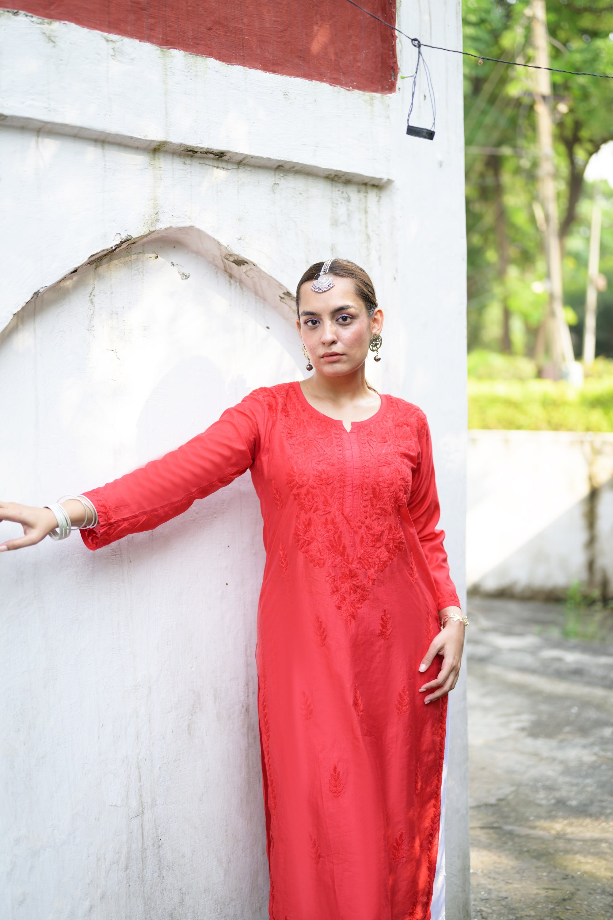 Noora Surkh Red Chanderi Chikankari Kurta
