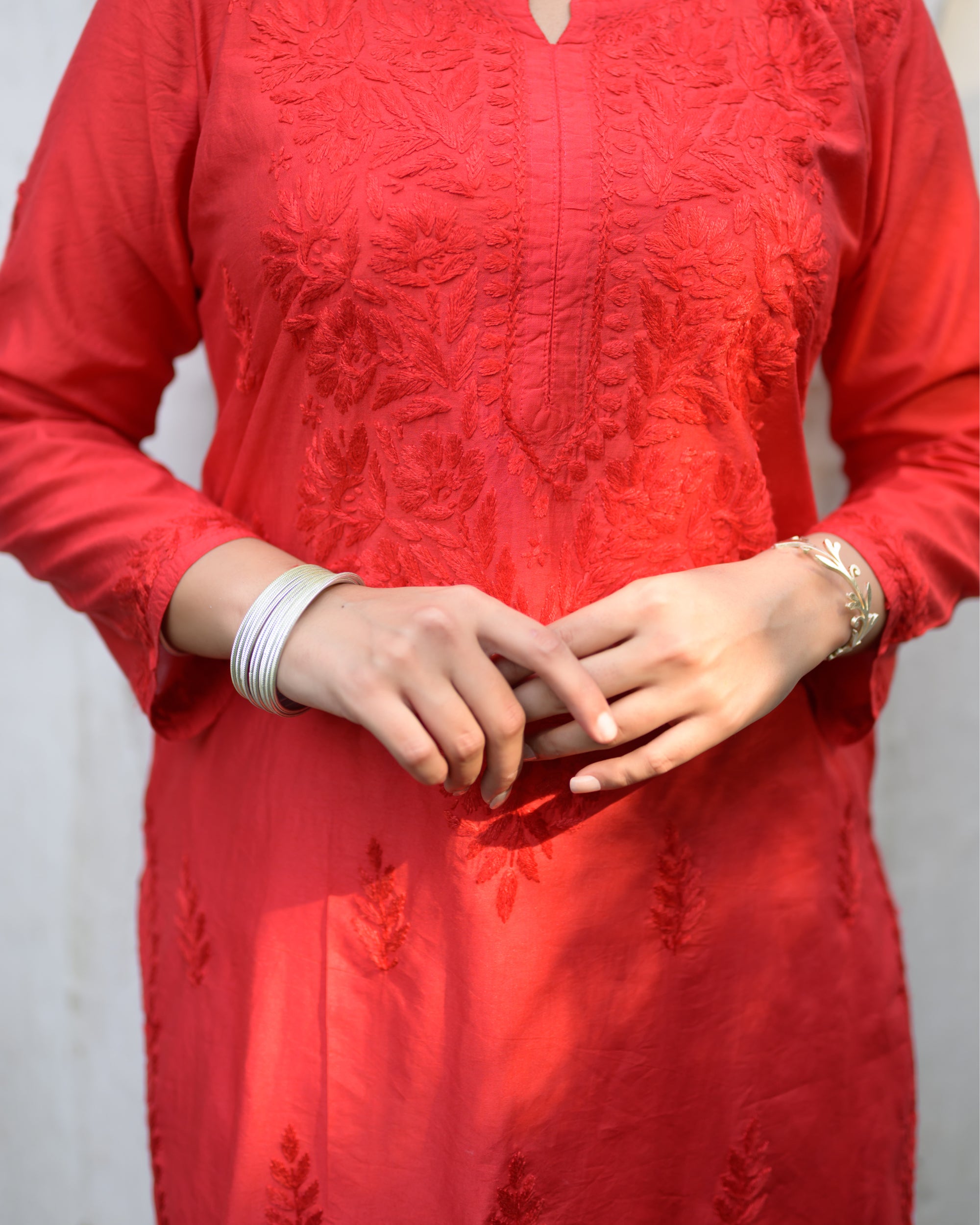 Noora Surkh Red Chanderi Chikankari Kurta