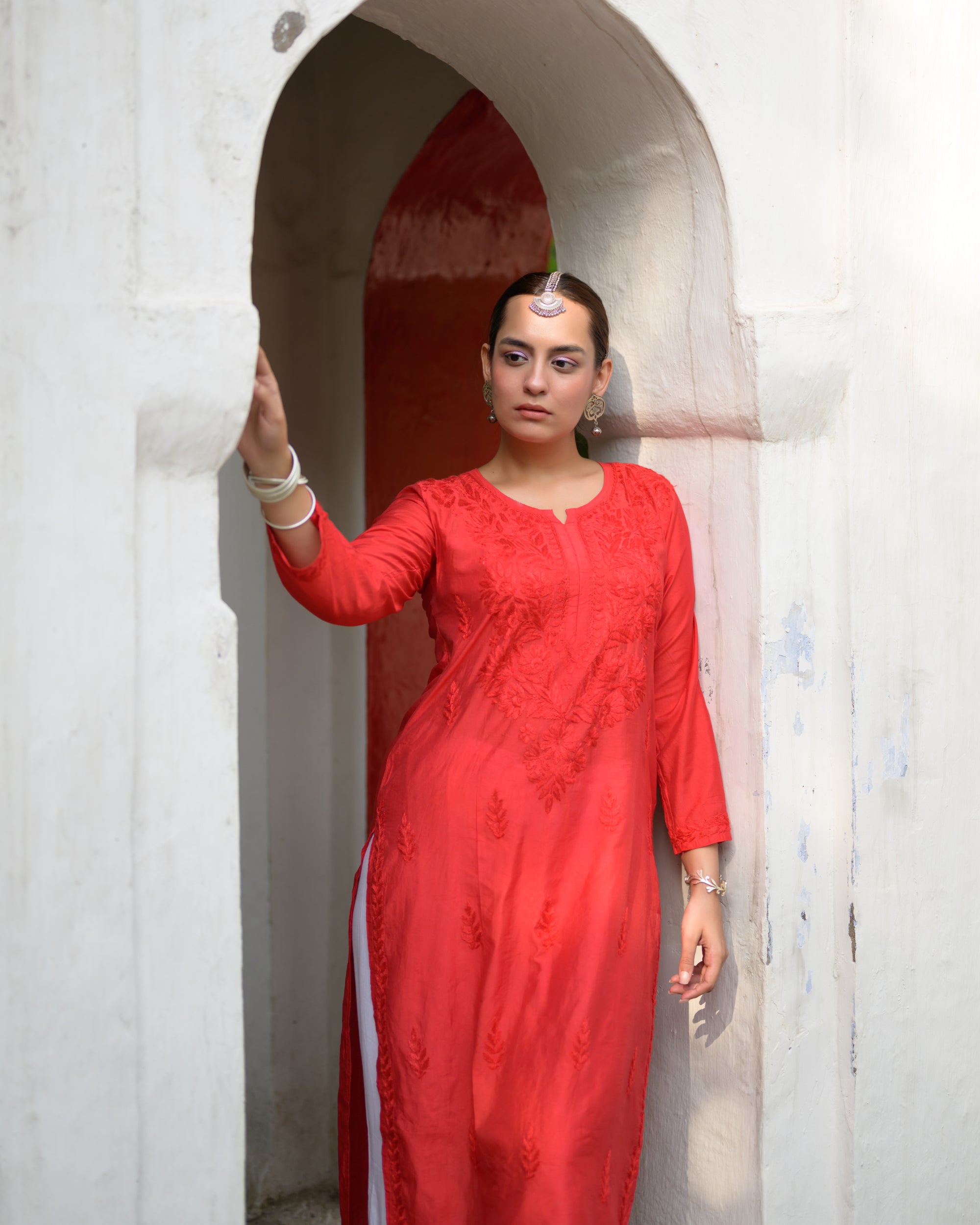 Noora Surkh Red Chanderi Chikankari Kurta