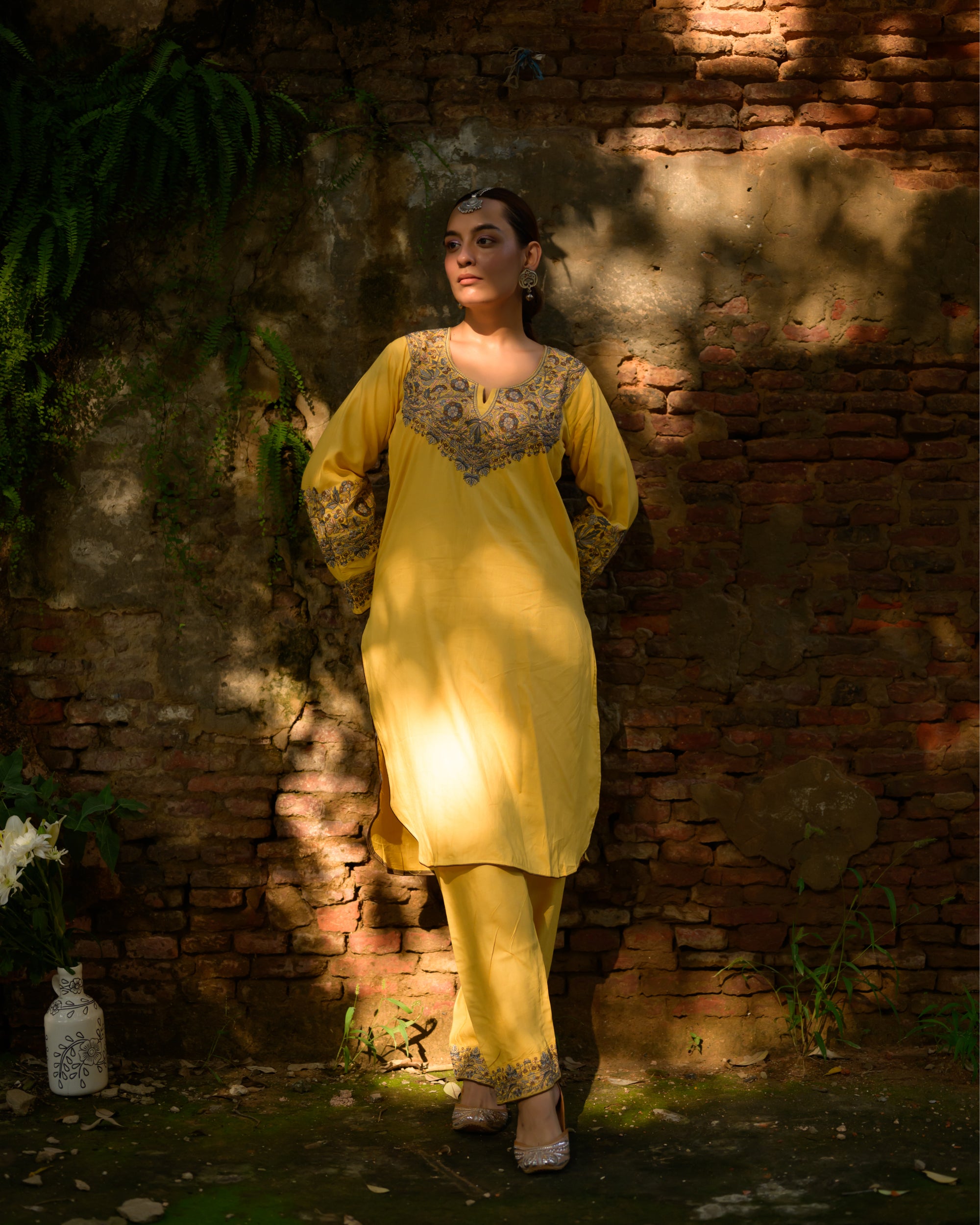 Iman Biscotti Yellow Kashmiri Kurta Co-ord with Pants Set