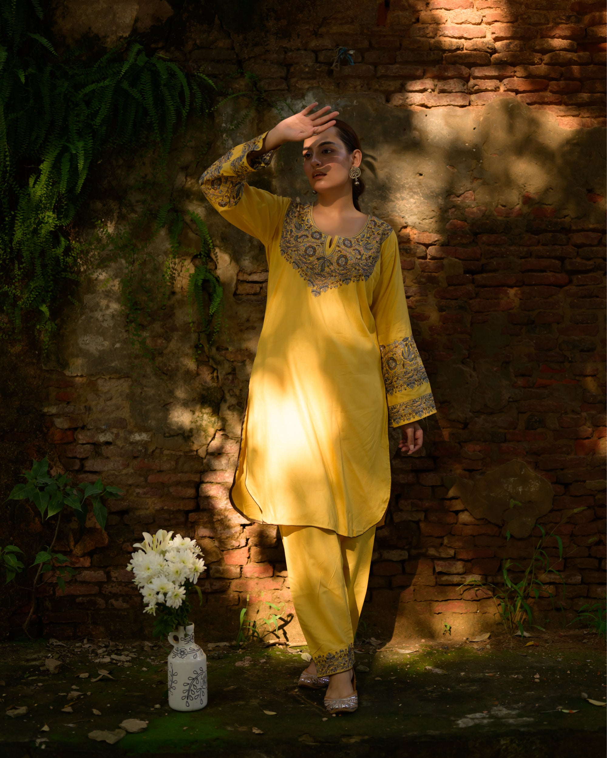Iman Biscotti Yellow Kashmiri Kurta Co-ord with Pants Set