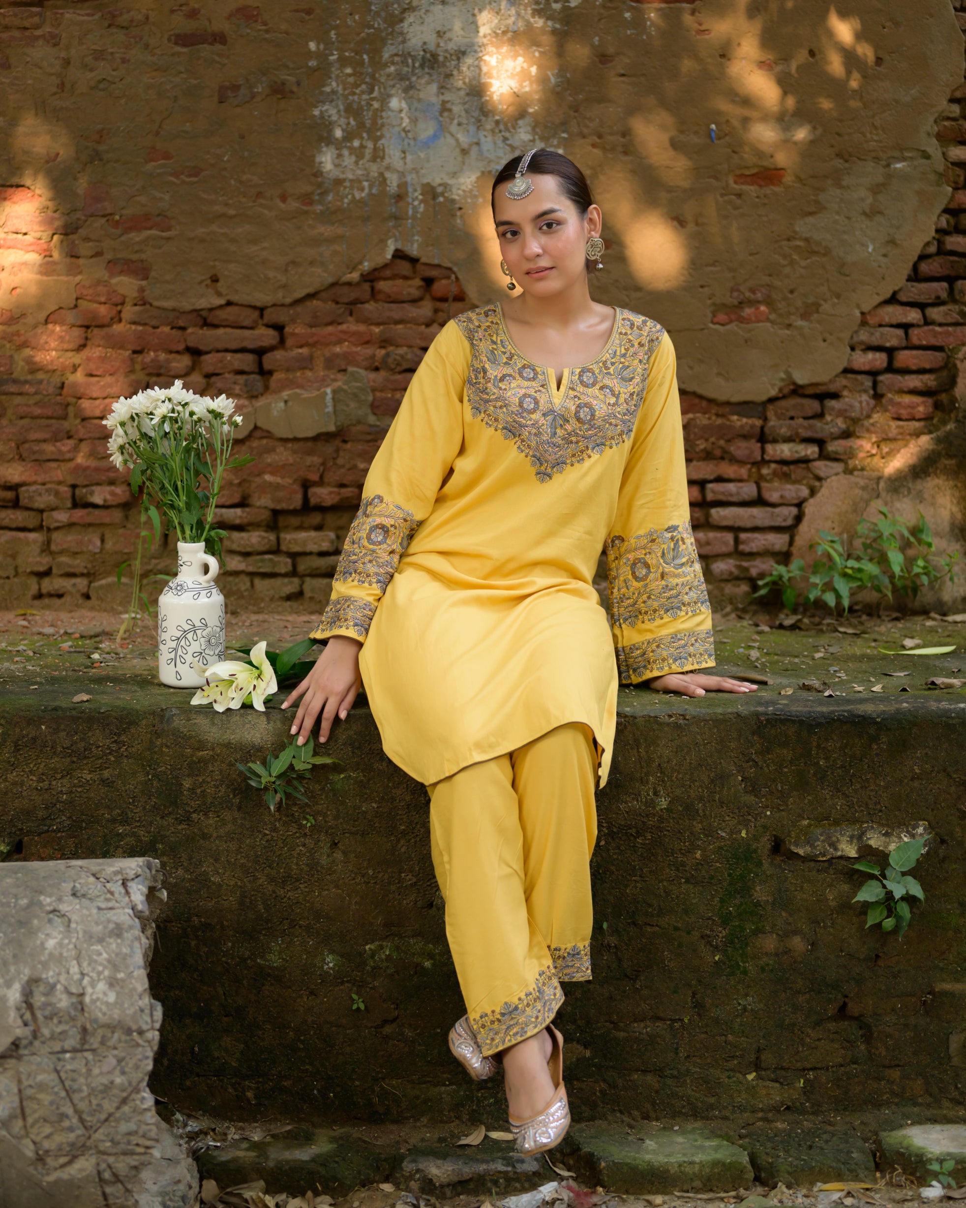 Iman Biscotti Yellow Kashmiri Kurta Co-ord with Pants Set