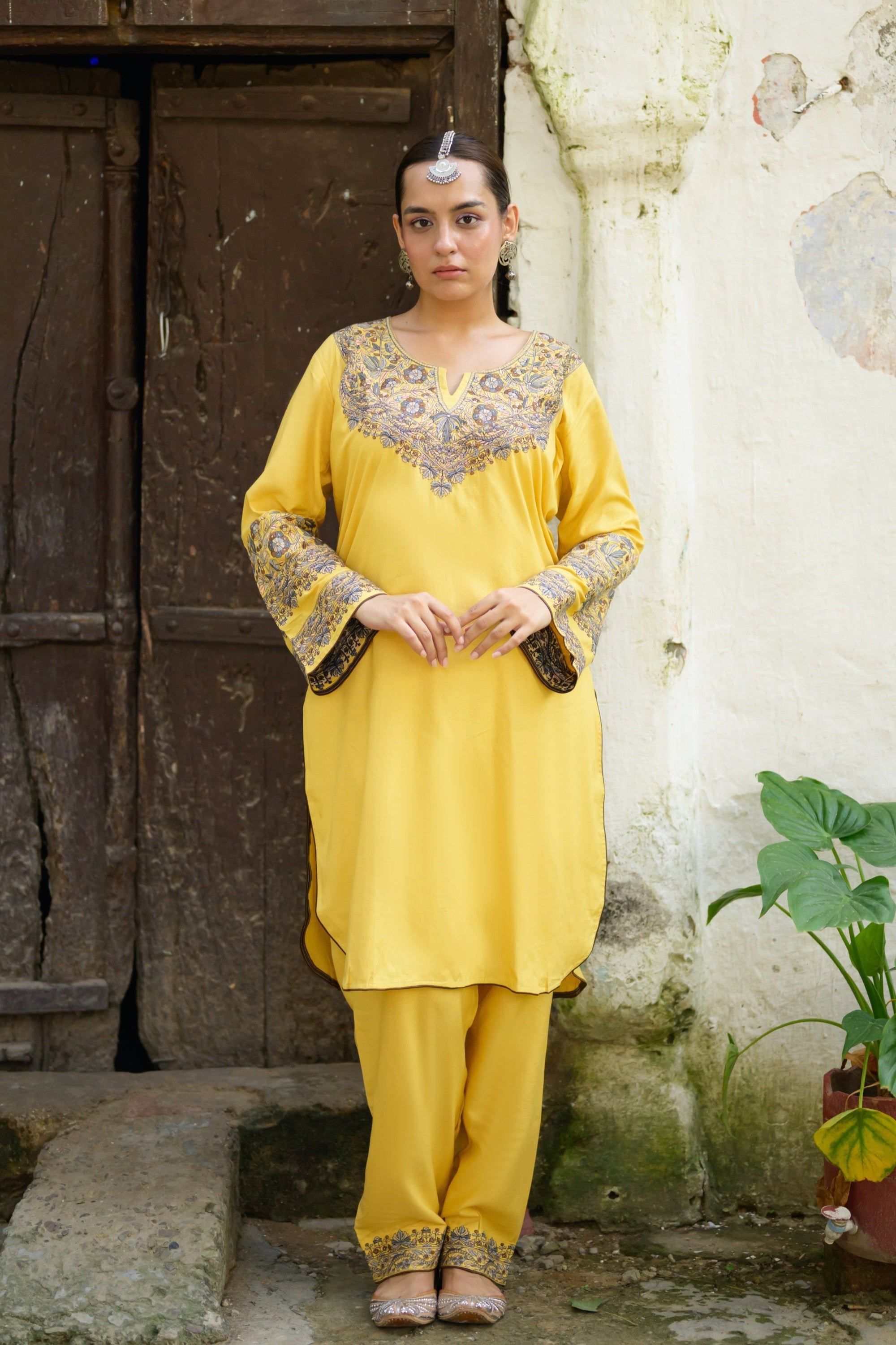 Iman Biscotti Yellow Kashmiri Kurta Co-ord with Pants Set