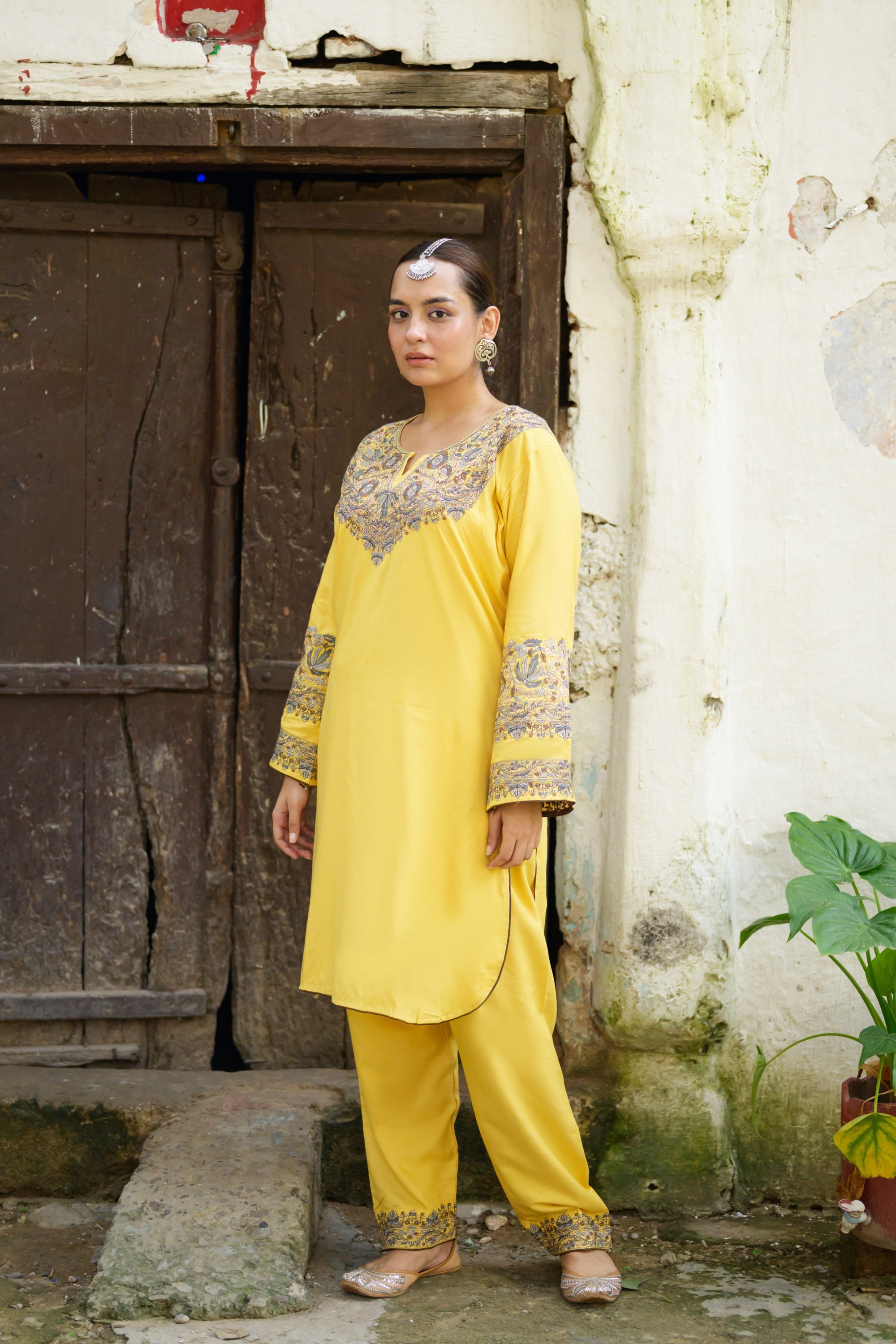 Iman Biscotti Yellow Kashmiri Kurta Co-ord with Pants Set