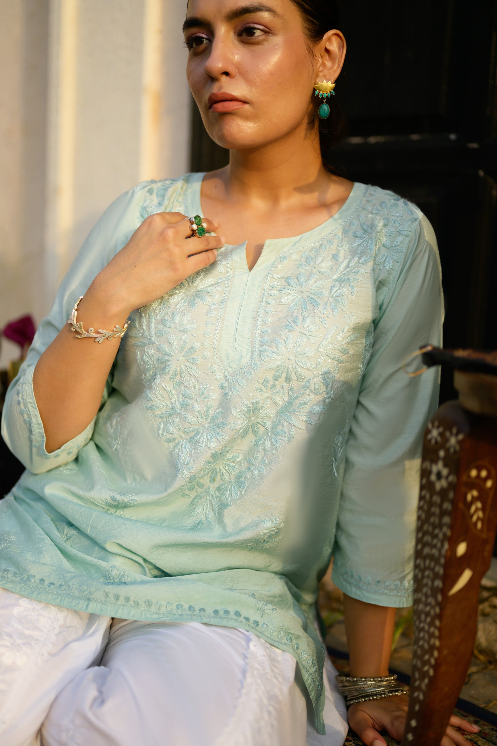 Guleen Blue Ombre Chikankari Short Kurta