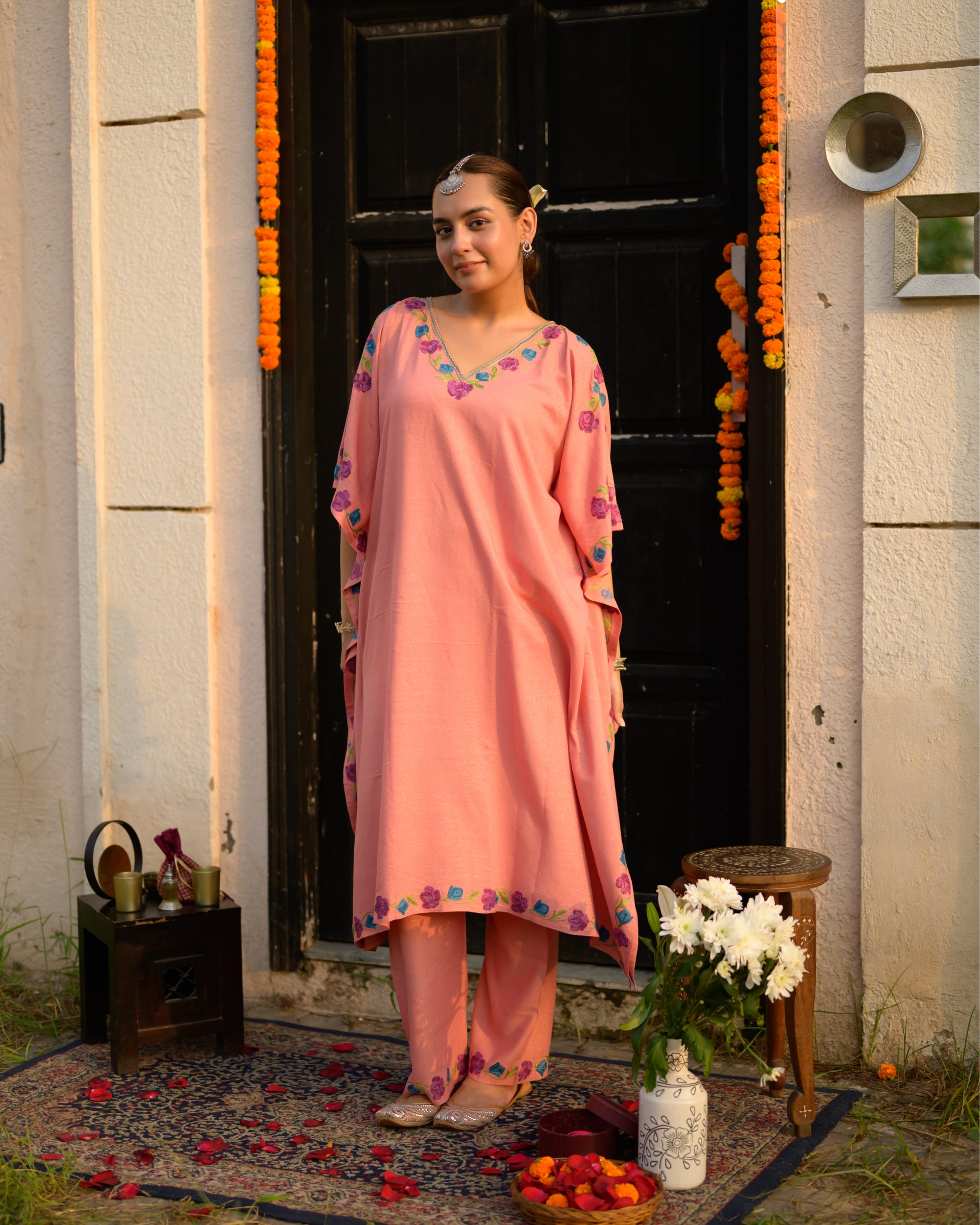 Laiba Pink Kashmiri Kaftan Kurta Set with Pants