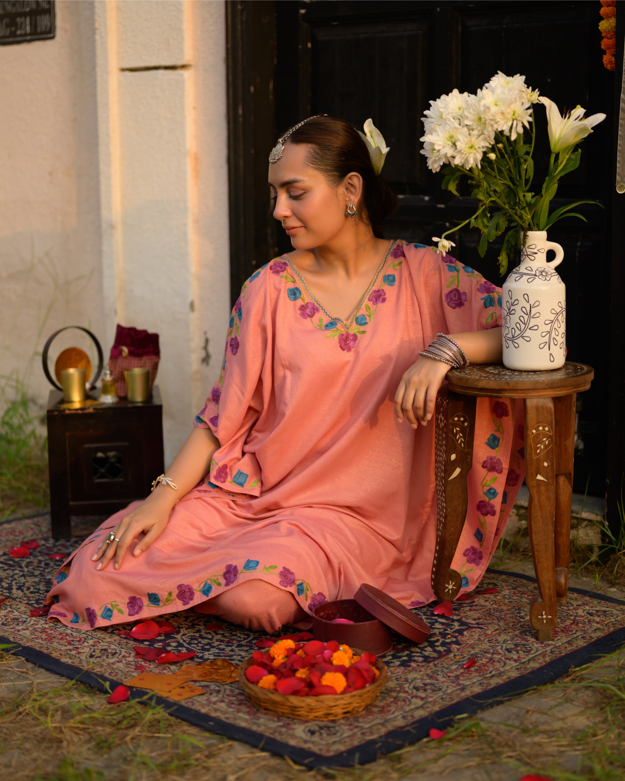 Laiba Pink Kashmiri Kaftan Kurta Set with Pants